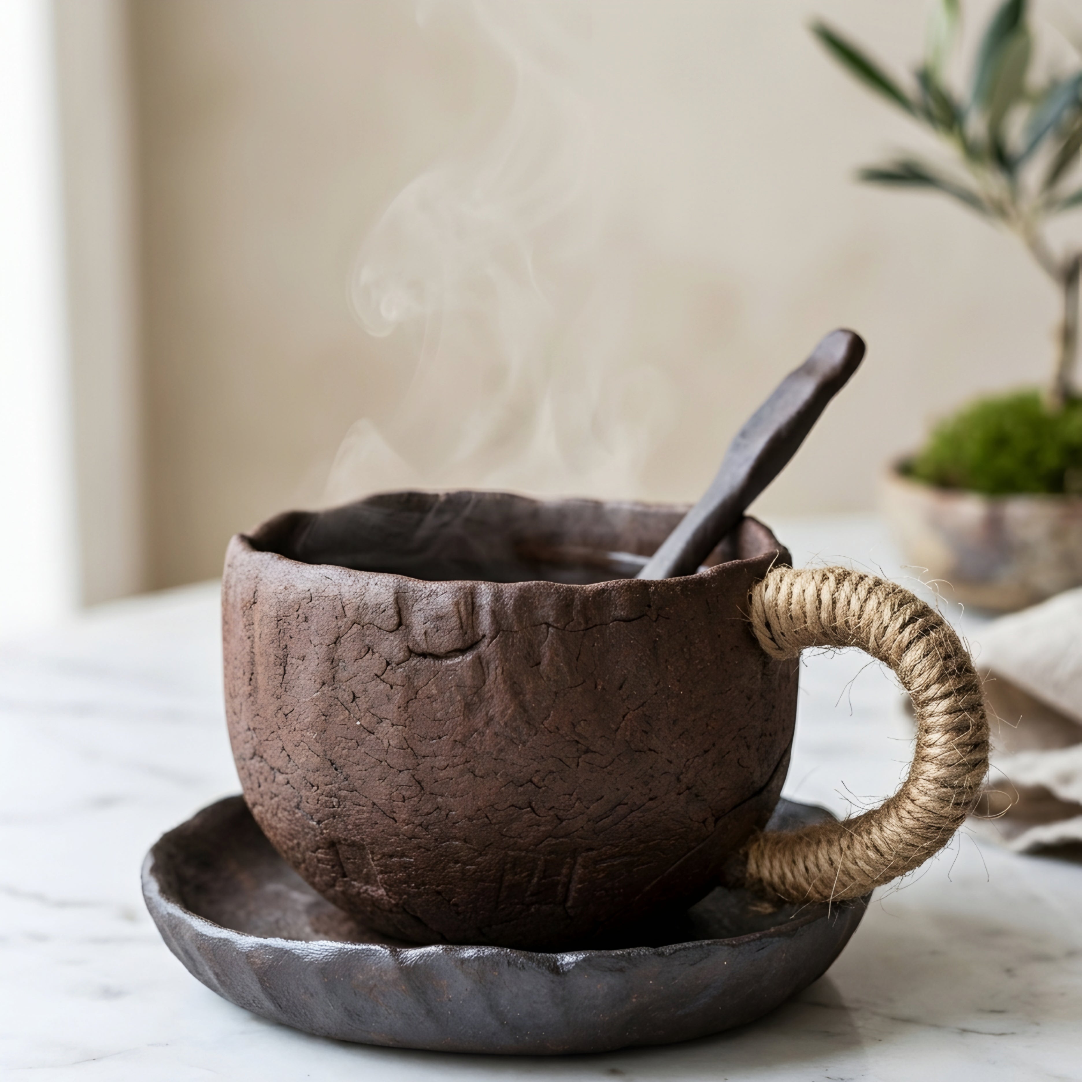 Terrum Rustic Mug Saucer Set – Handmade Ceramic Rope Handle Coffee Cup Mid Century Modern Home Furnishing