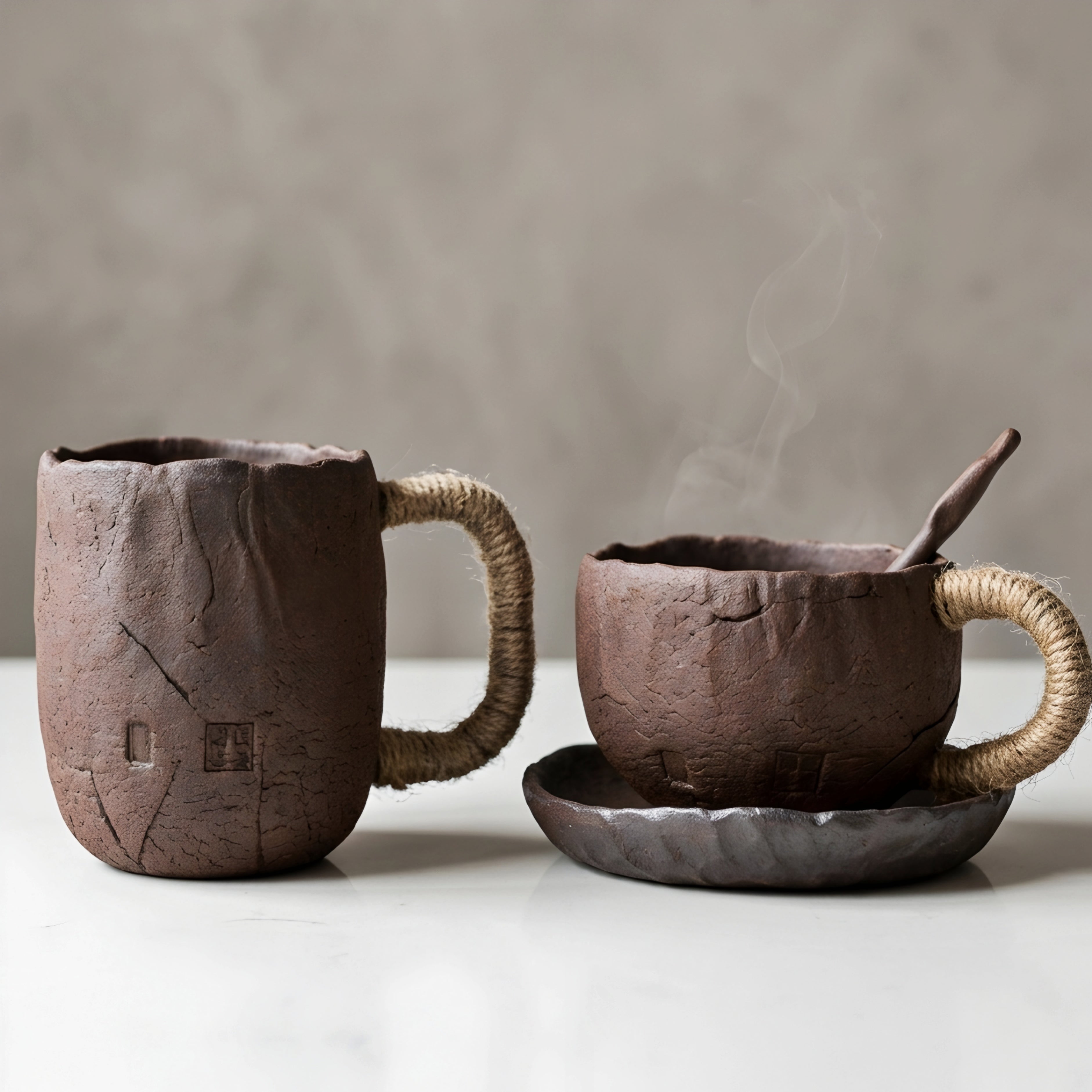 Terrum Rustic Mug Saucer Set – Handmade Ceramic Rope Handle Coffee Cup Mid Century Modern Home Furnishing