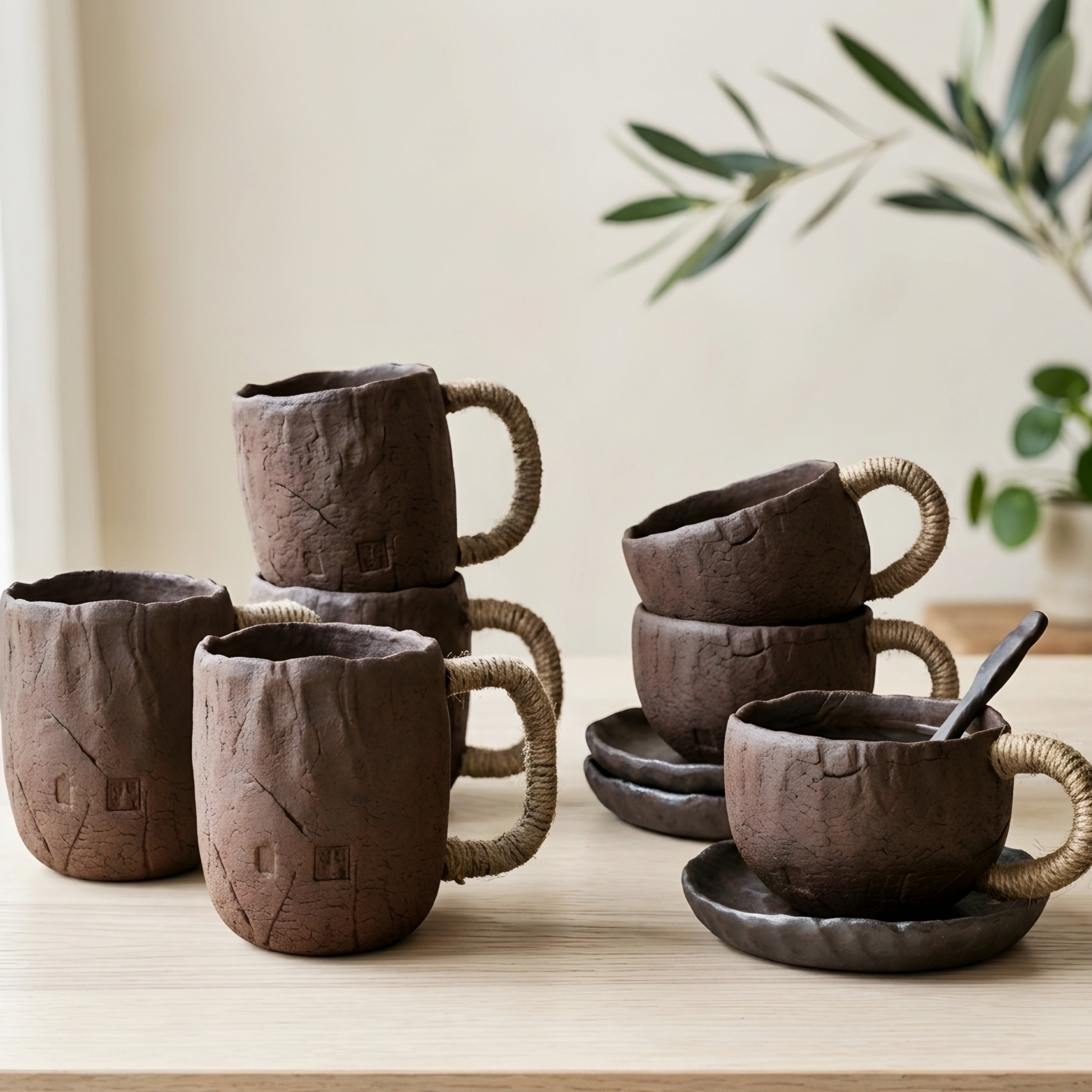 Terrum Rustic Mug Saucer Set – Handmade Ceramic Rope Handle Coffee Cup Mid Century Modern Home Furnishing
