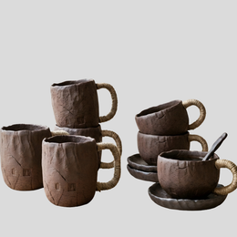Terrum Rustic Mug Saucer Set – Handmade Ceramic Rope Handle Coffee Cup Mid Century Modern Home Furnishing