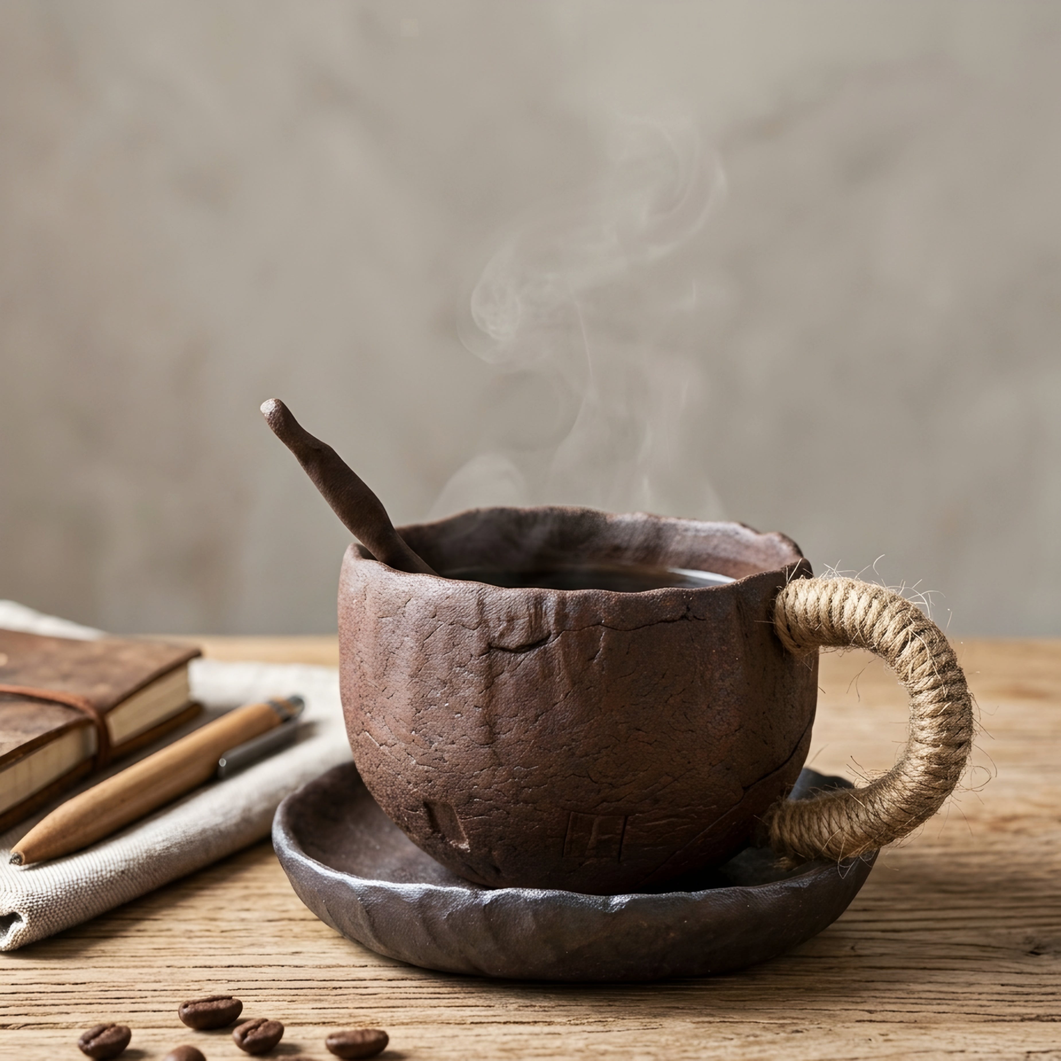 Terrum Rustic Mug Saucer Set – Handmade Ceramic Rope Handle Coffee Cup Mid Century Modern Home Furnishing