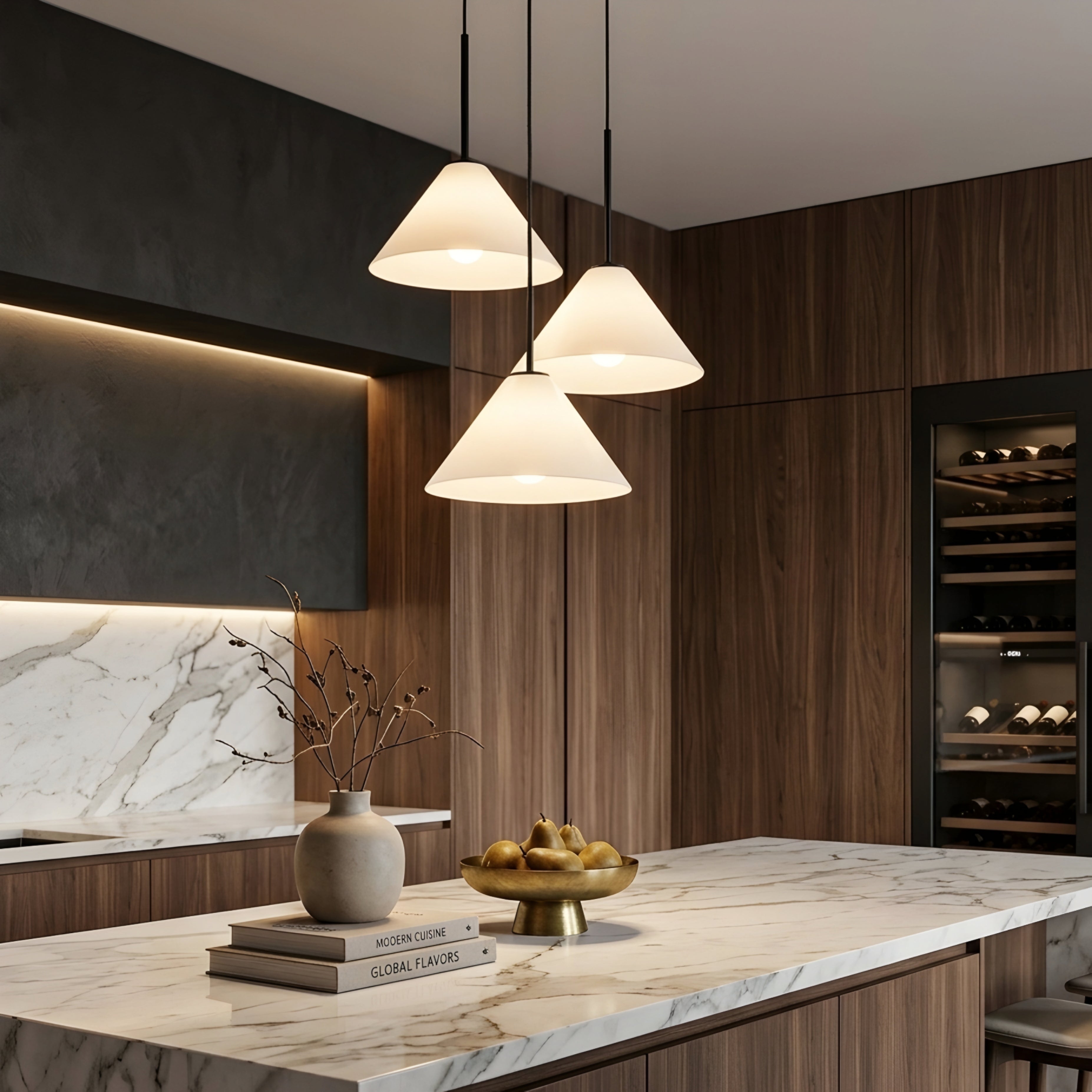 Vespera Cone Pendant Light – Three Light Chandelier Brass Glass Kitchen Island Dining Room Ceiling