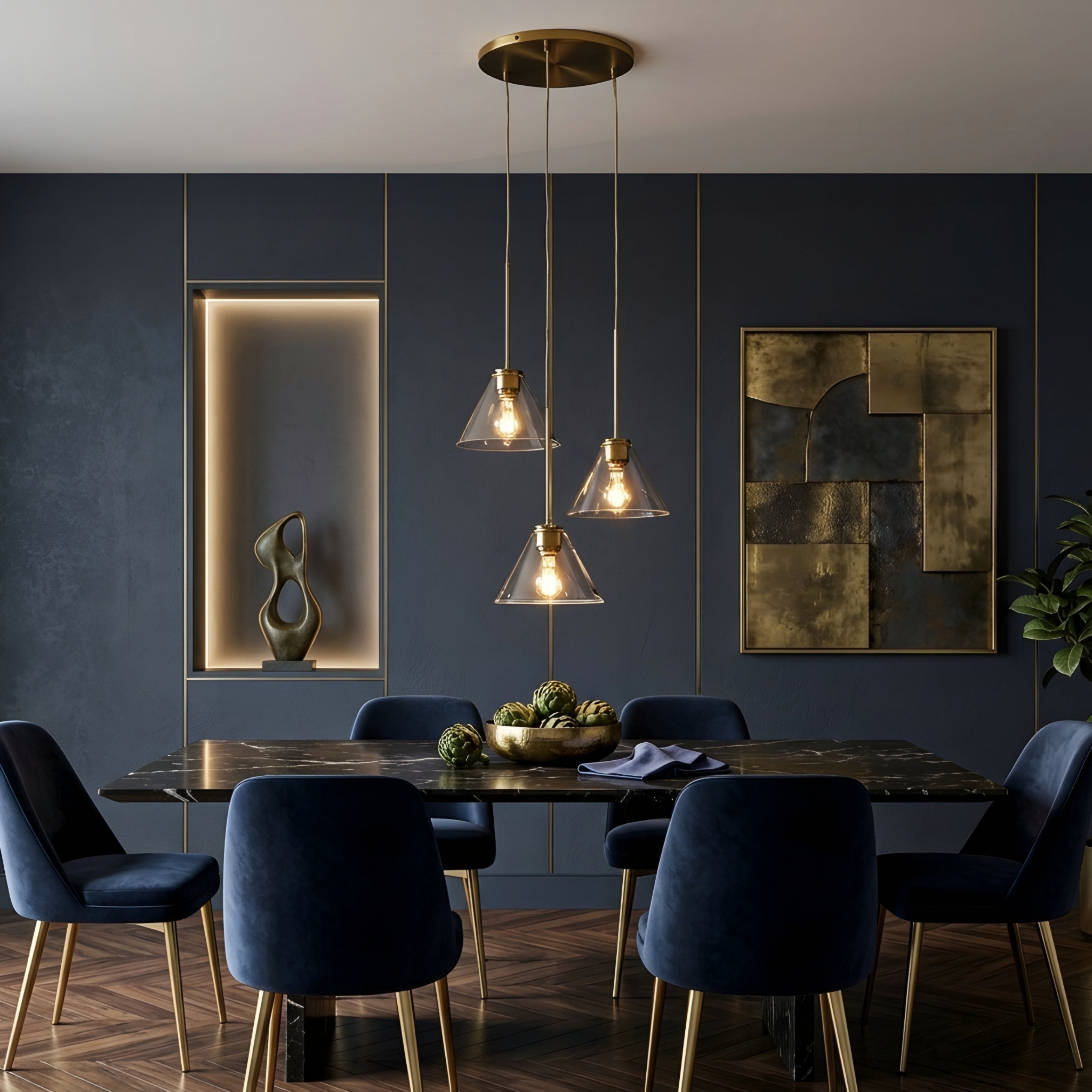 Vespera Cone Pendant Light – Three Light Chandelier Brass Glass Kitchen Island Dining Room Ceiling