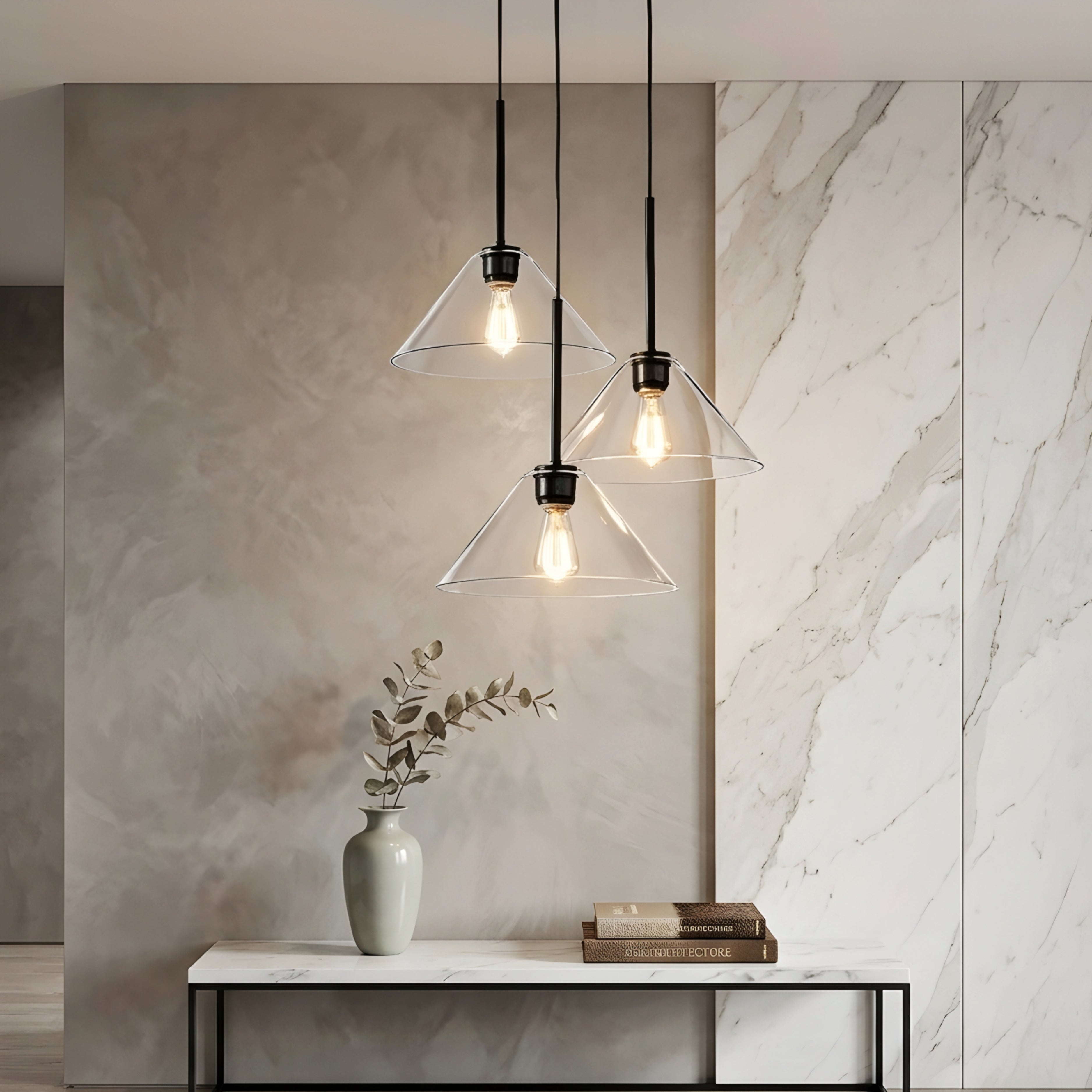 Vespera Cone Pendant Light – Three Light Chandelier Brass Glass Kitchen Island Dining Room Ceiling