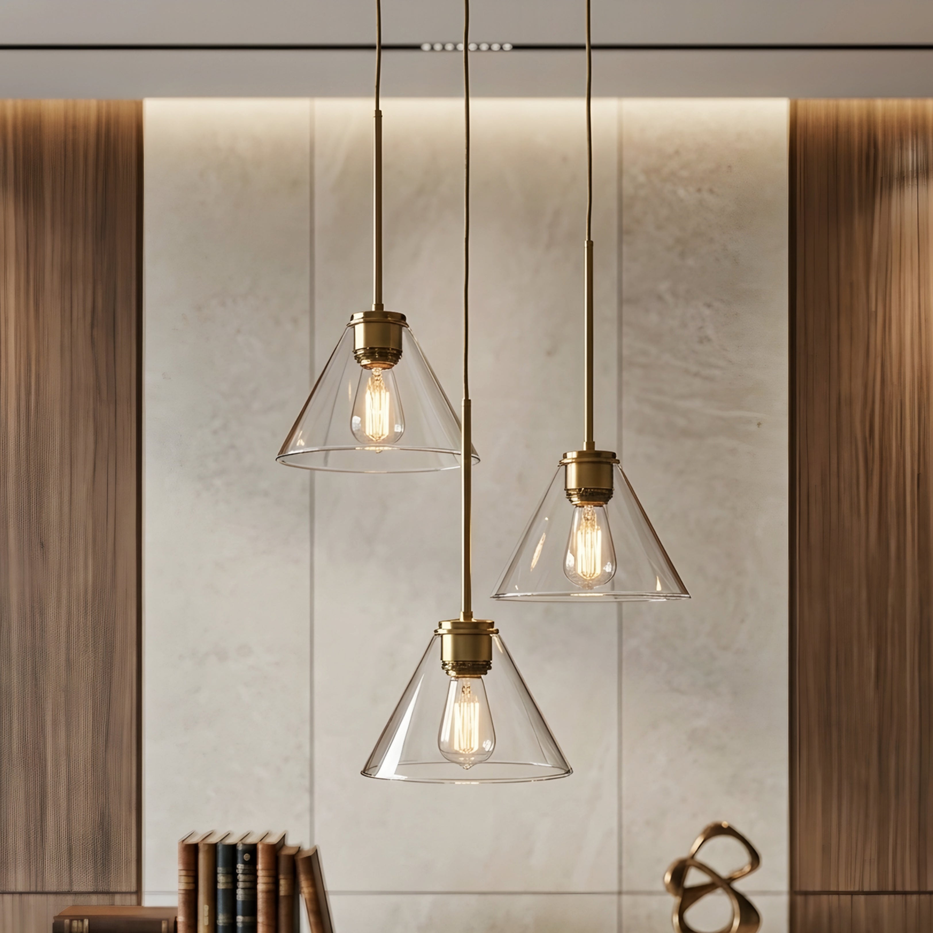 Vespera Cone Pendant Light – Three Light Chandelier Brass Glass Kitchen Island Dining Room Ceiling