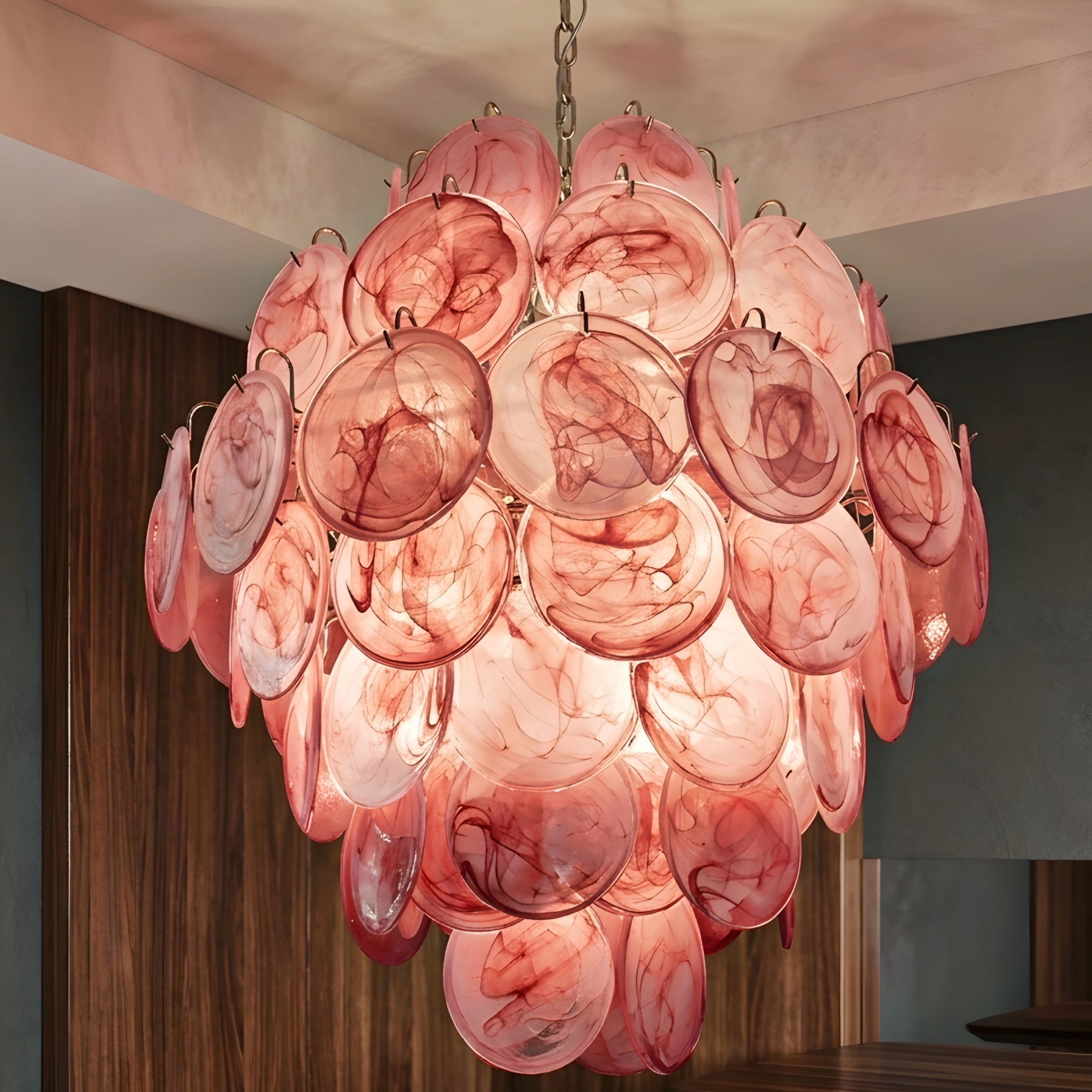 Rosara Disc Chandelier – Pink Glass Pendant Light Dining Room Living Room Decorative Lighting Fixture