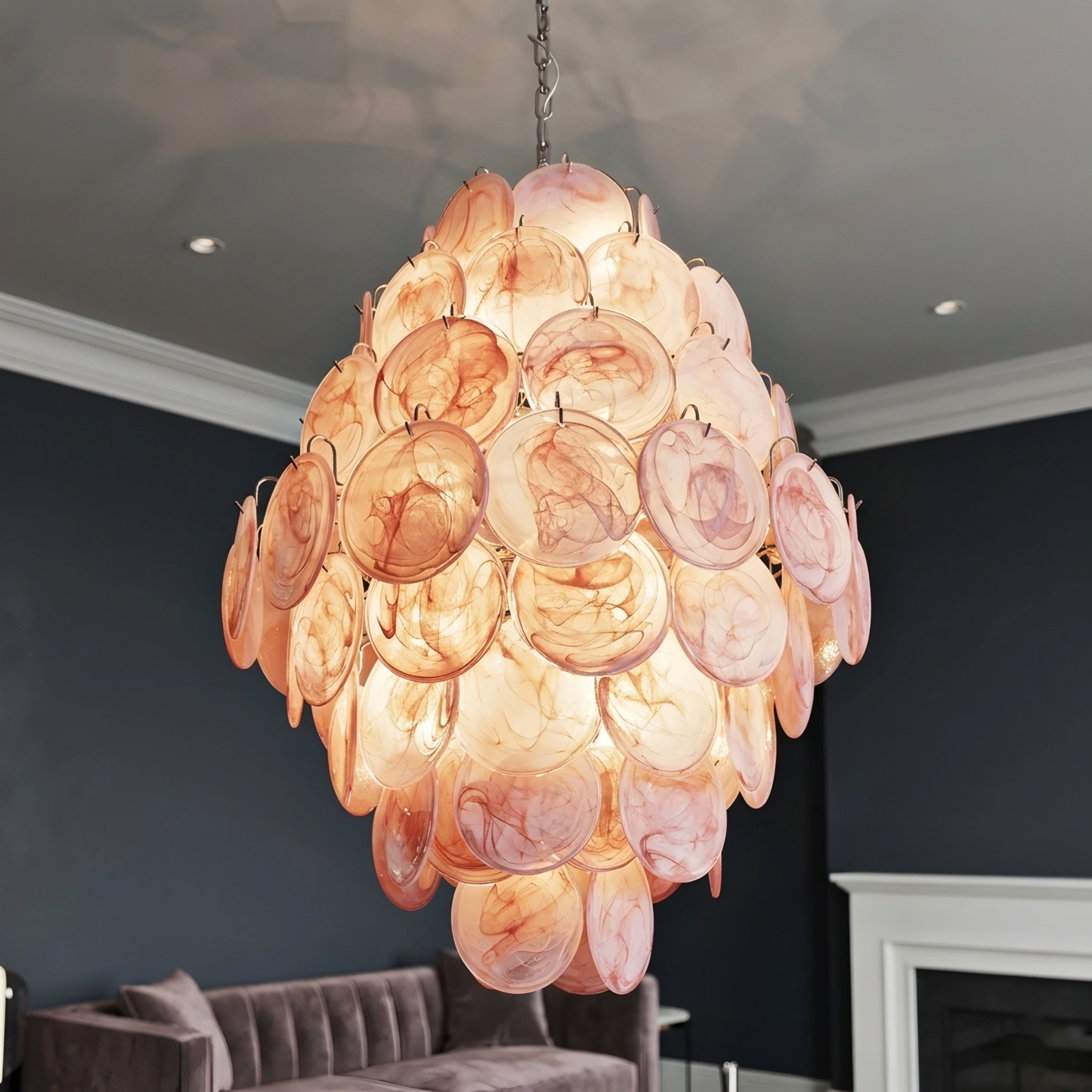 Rosara Disc Chandelier – Pink Glass Pendant Light Dining Room Living Room Decorative Lighting Fixture