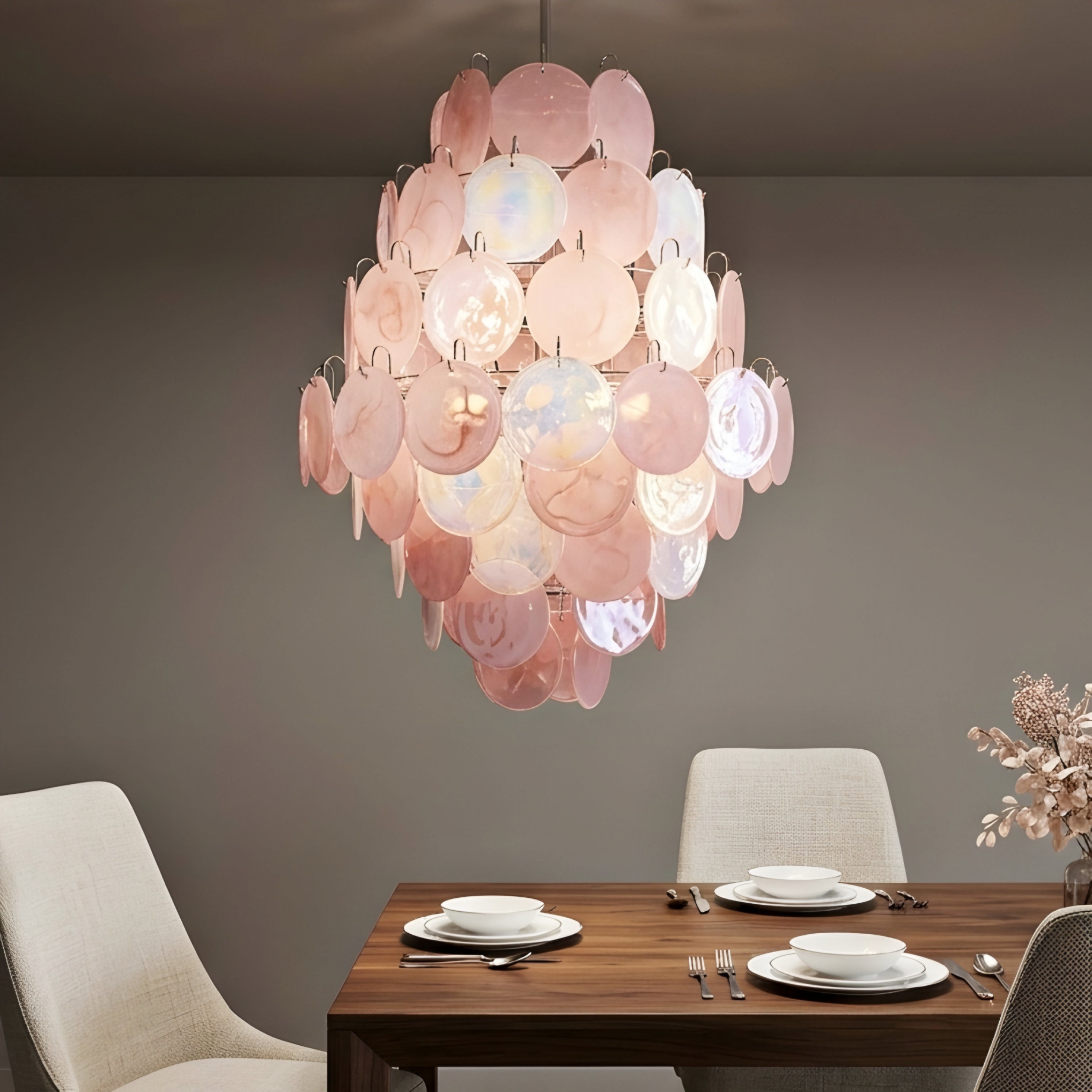 Rosara Disc Chandelier – Pink Glass Pendant Light Dining Room Living Room Decorative Lighting Fixture
