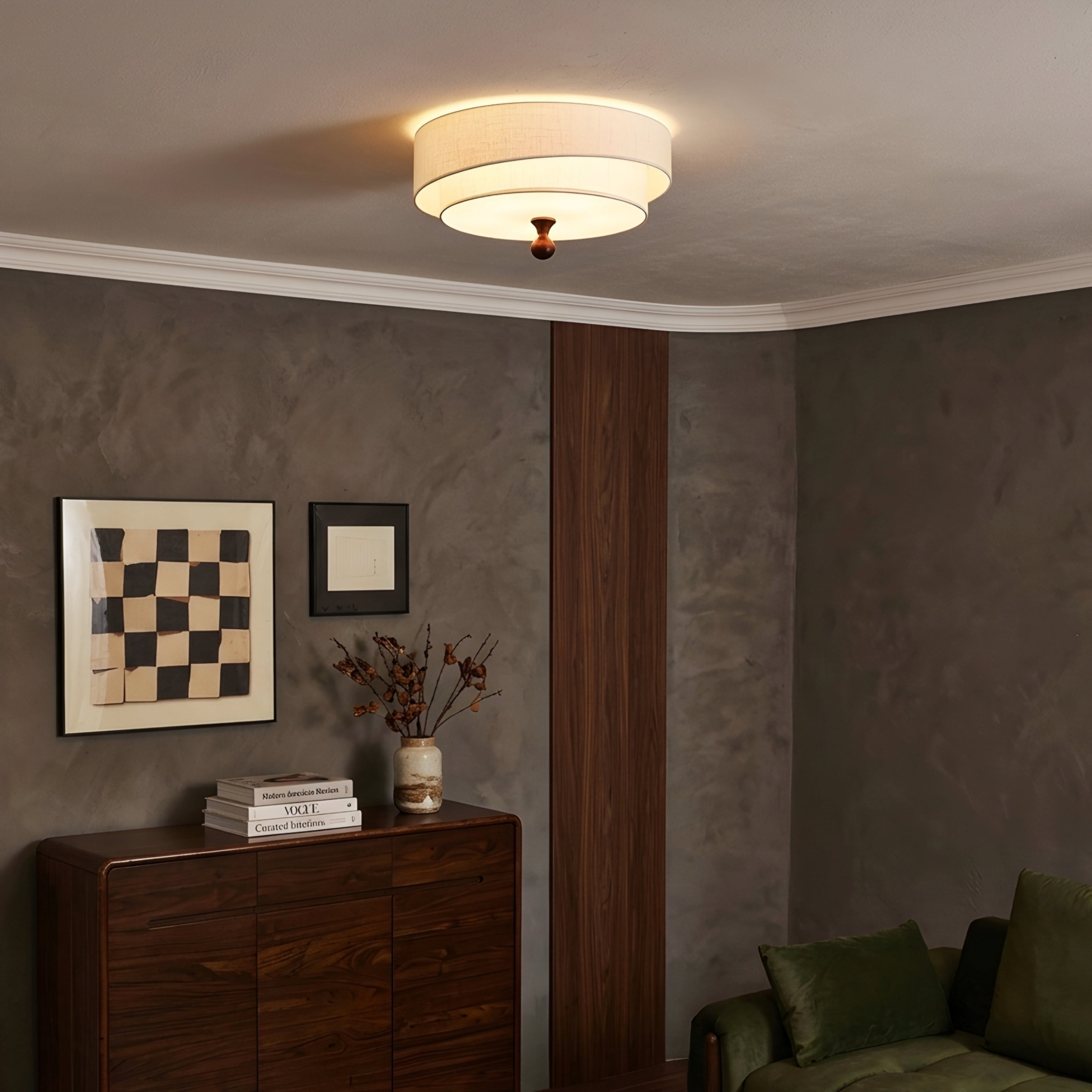 Olvera Drum Flush Mount – Green Fabric Ceiling Light Wood Accent Bedroom Living Room Decorative Lighting