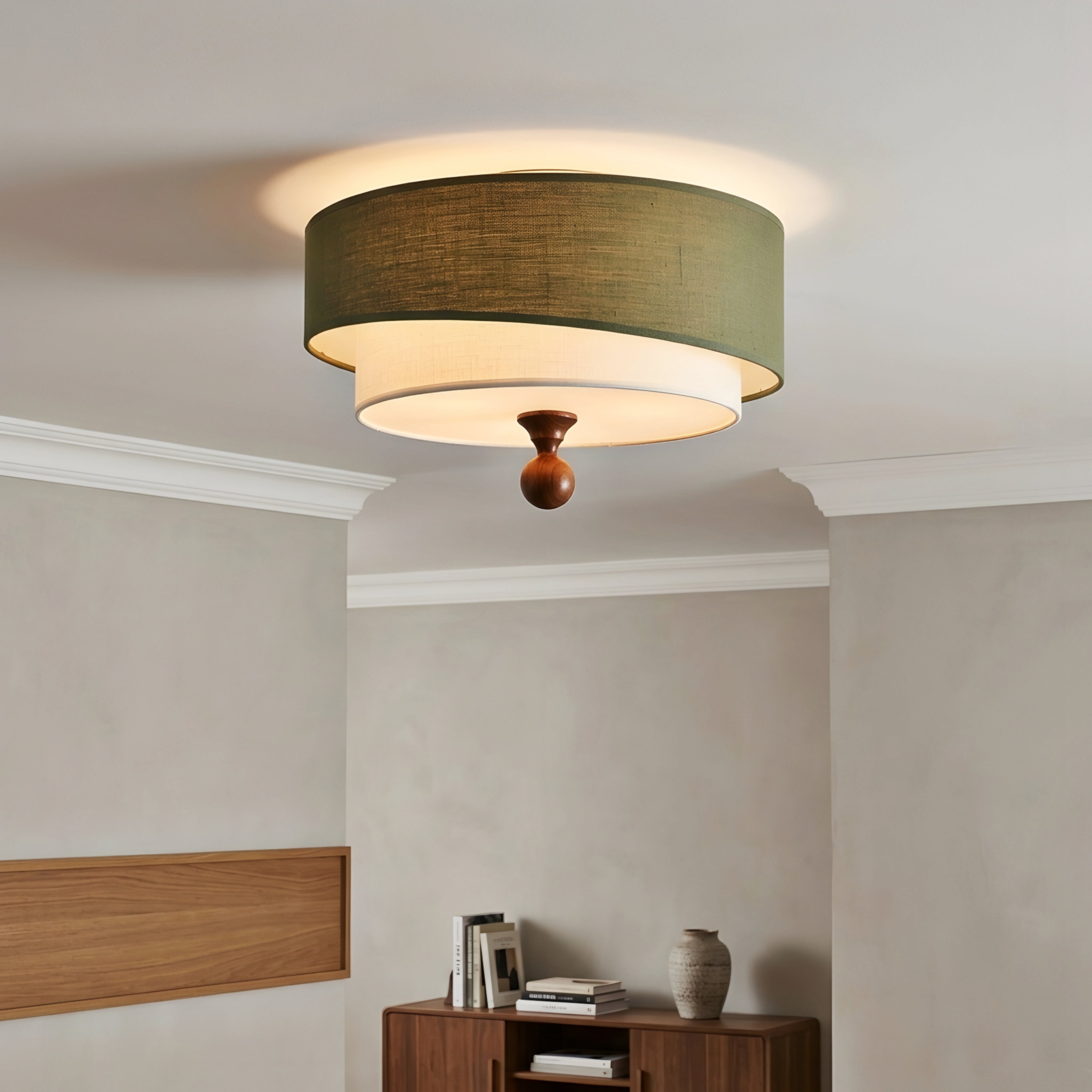 Olvera Drum Flush Mount – Green Fabric Ceiling Light Wood Accent Bedroom Living Room Decorative Lighting