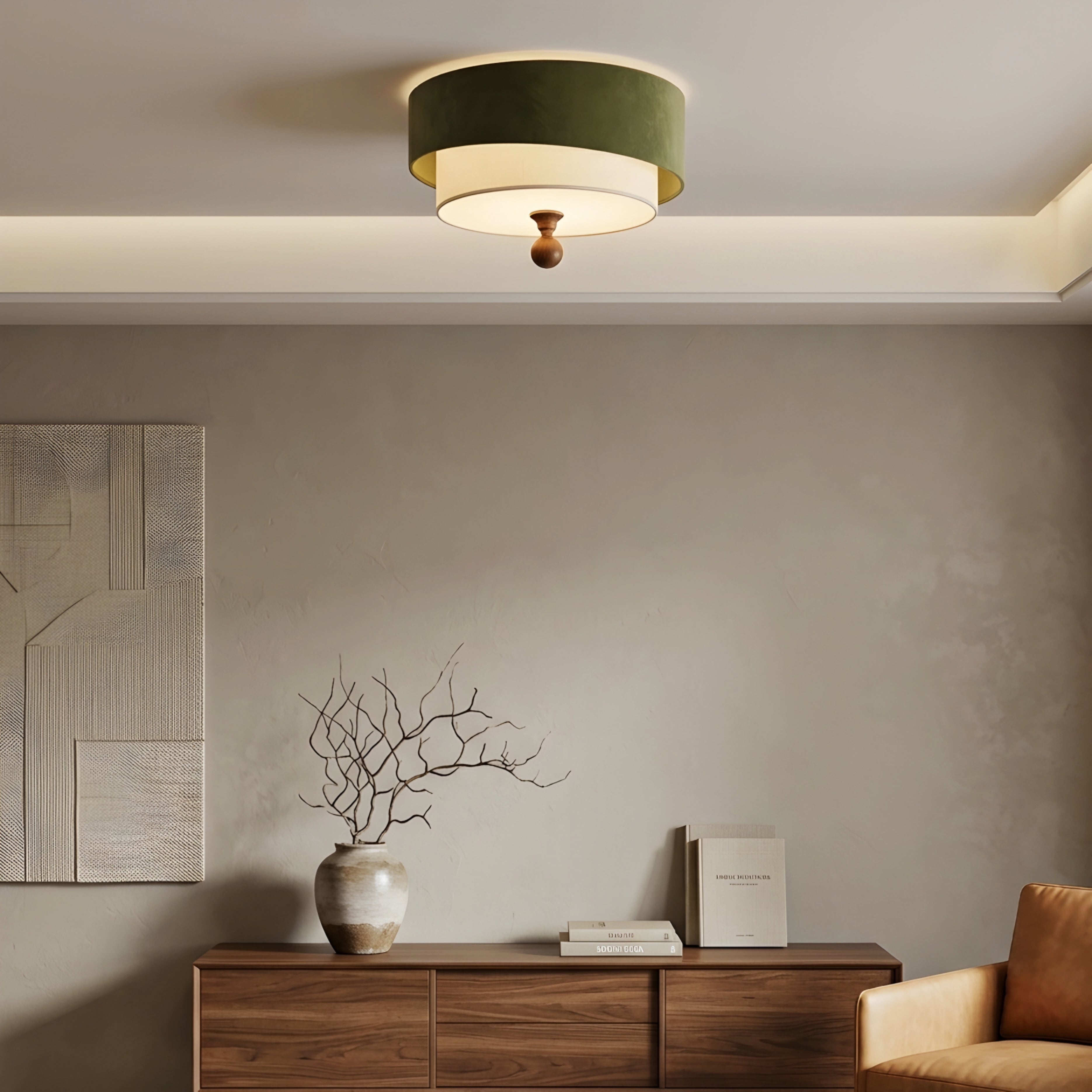 Olvera Drum Flush Mount – Green Fabric Ceiling Light Wood Accent Bedroom Living Room Decorative Lighting