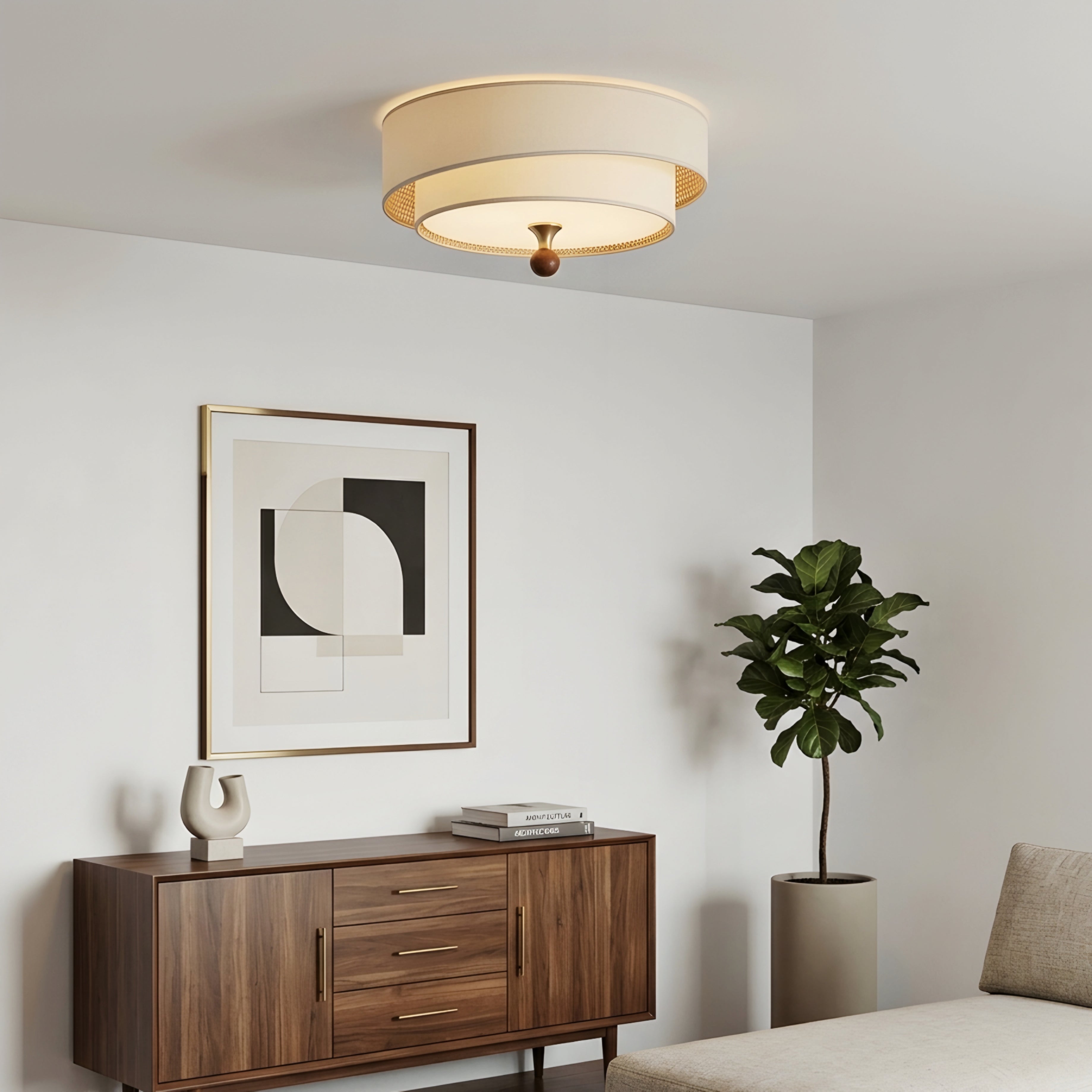 Olvera Drum Flush Mount – Green Fabric Ceiling Light Wood Accent Bedroom Living Room Decorative Lighting