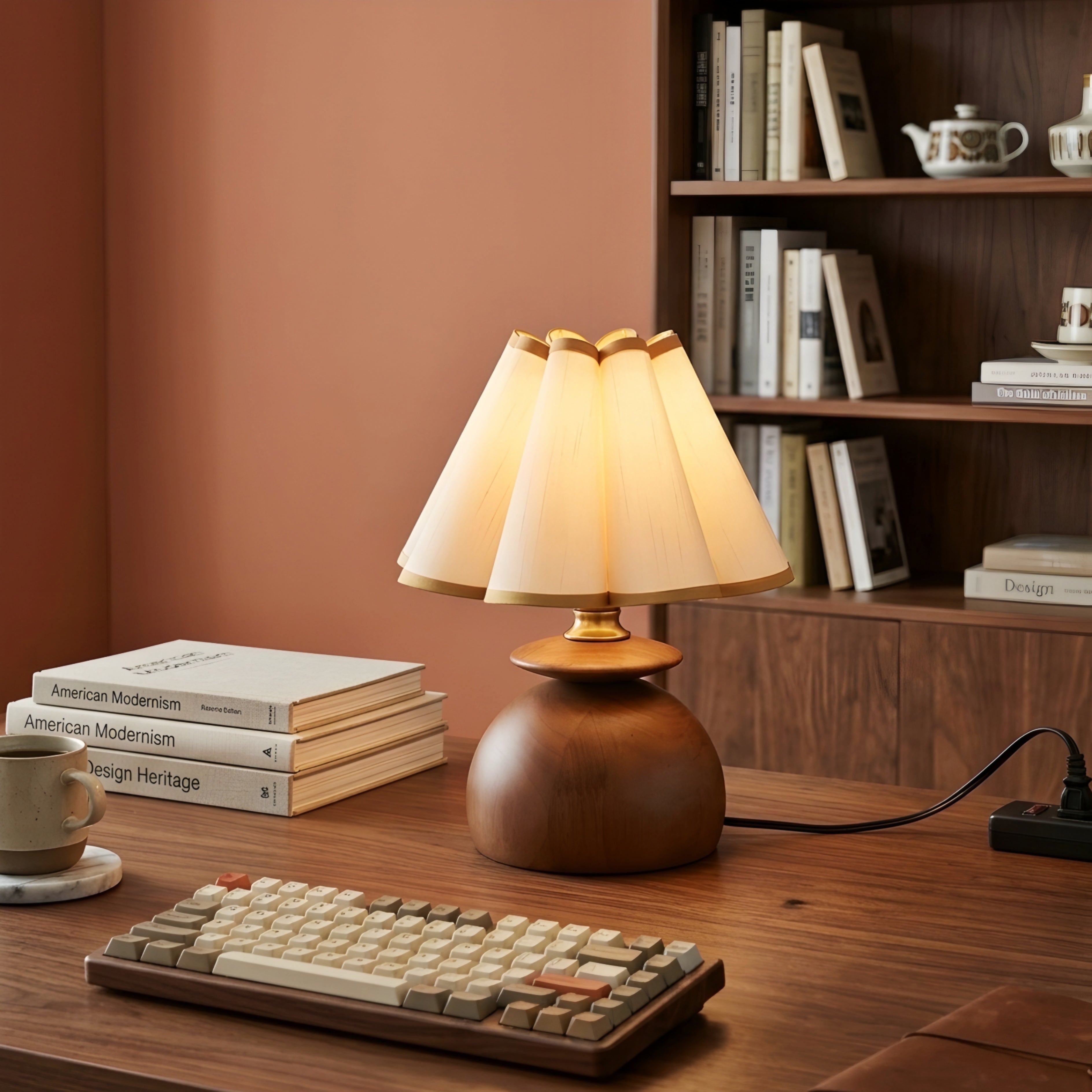 Petalo Table Lamp – Wood Base Fabric Shade Living Room Bedroom Decorative Lighting Accent