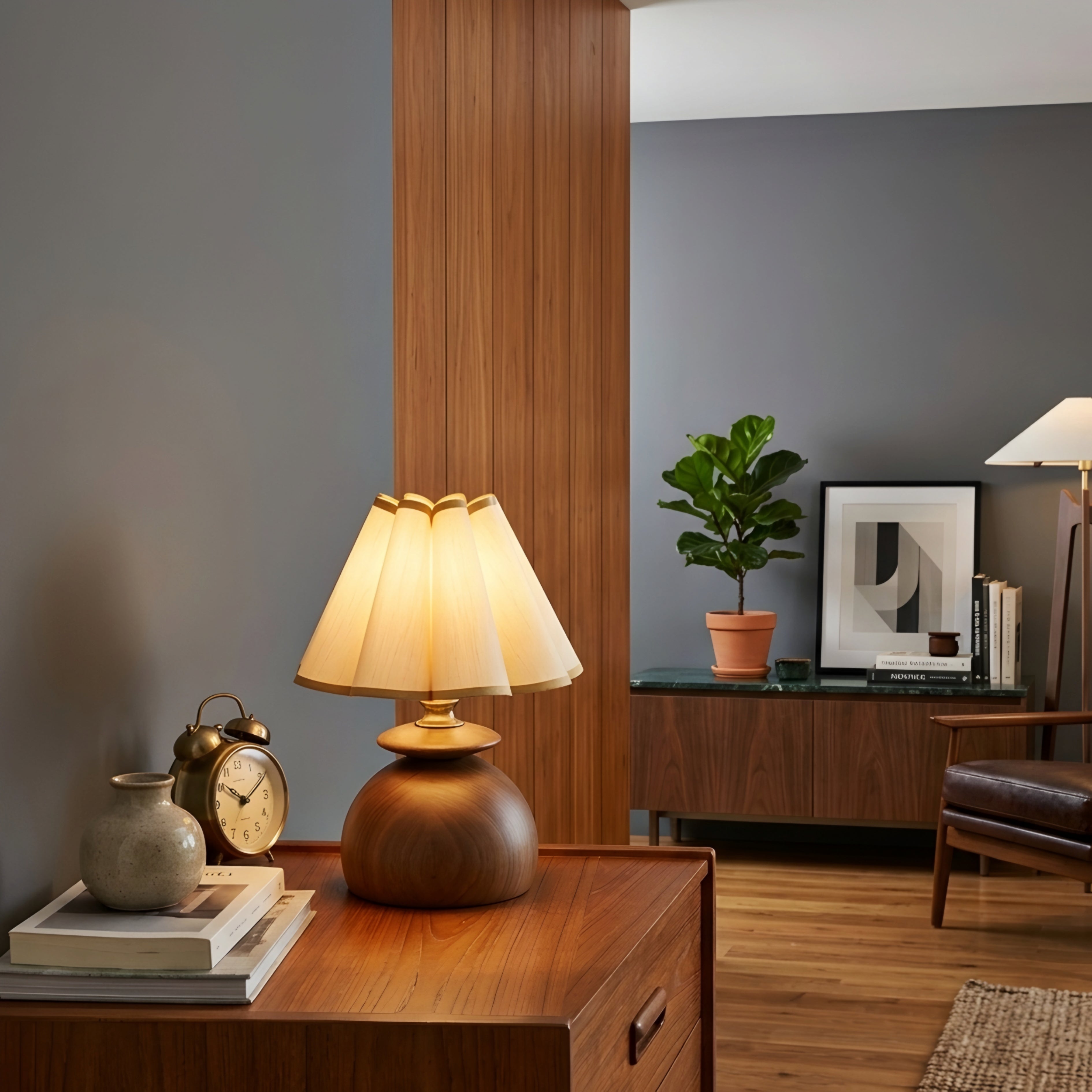 Petalo Table Lamp – Wood Base Fabric Shade Living Room Bedroom Decorative Lighting Accent