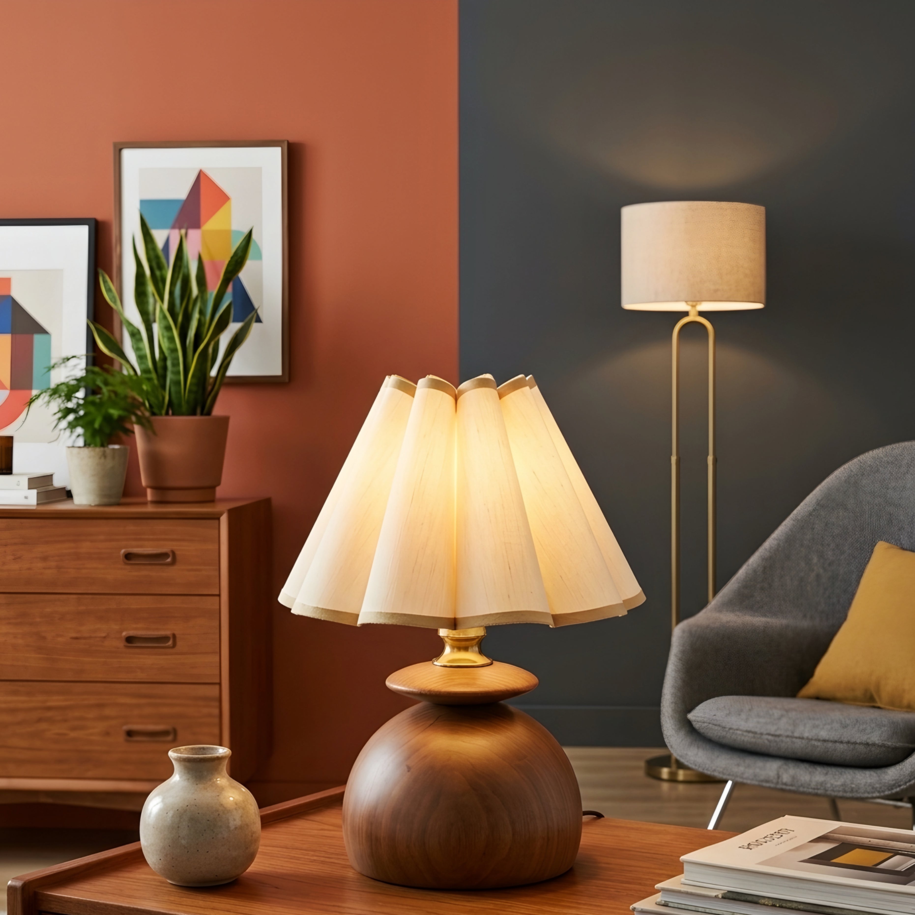 Petalo Table Lamp – Wood Base Fabric Shade Living Room Bedroom Decorative Lighting Accent