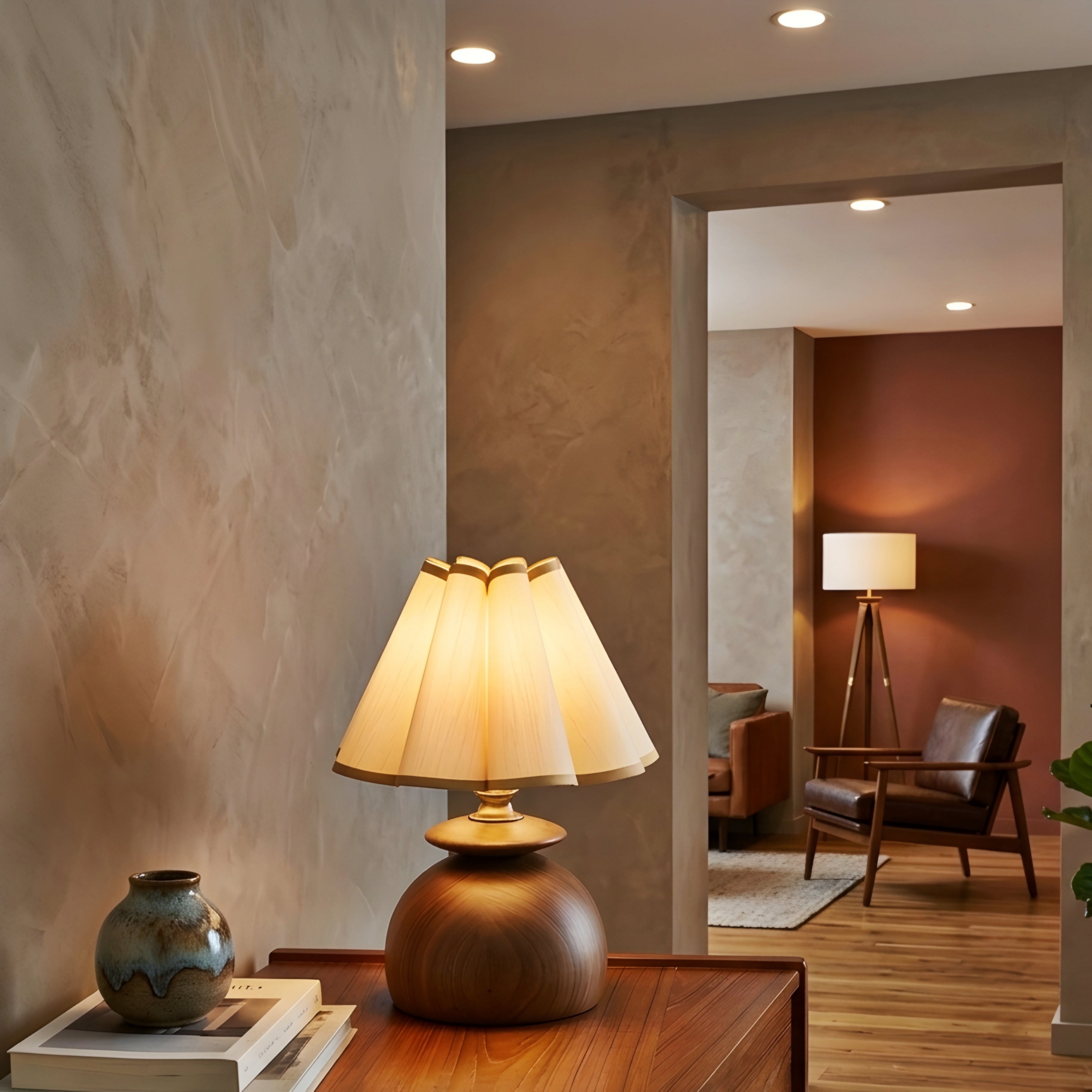 Petalo Table Lamp – Wood Base Fabric Shade Living Room Bedroom Decorative Lighting Accent