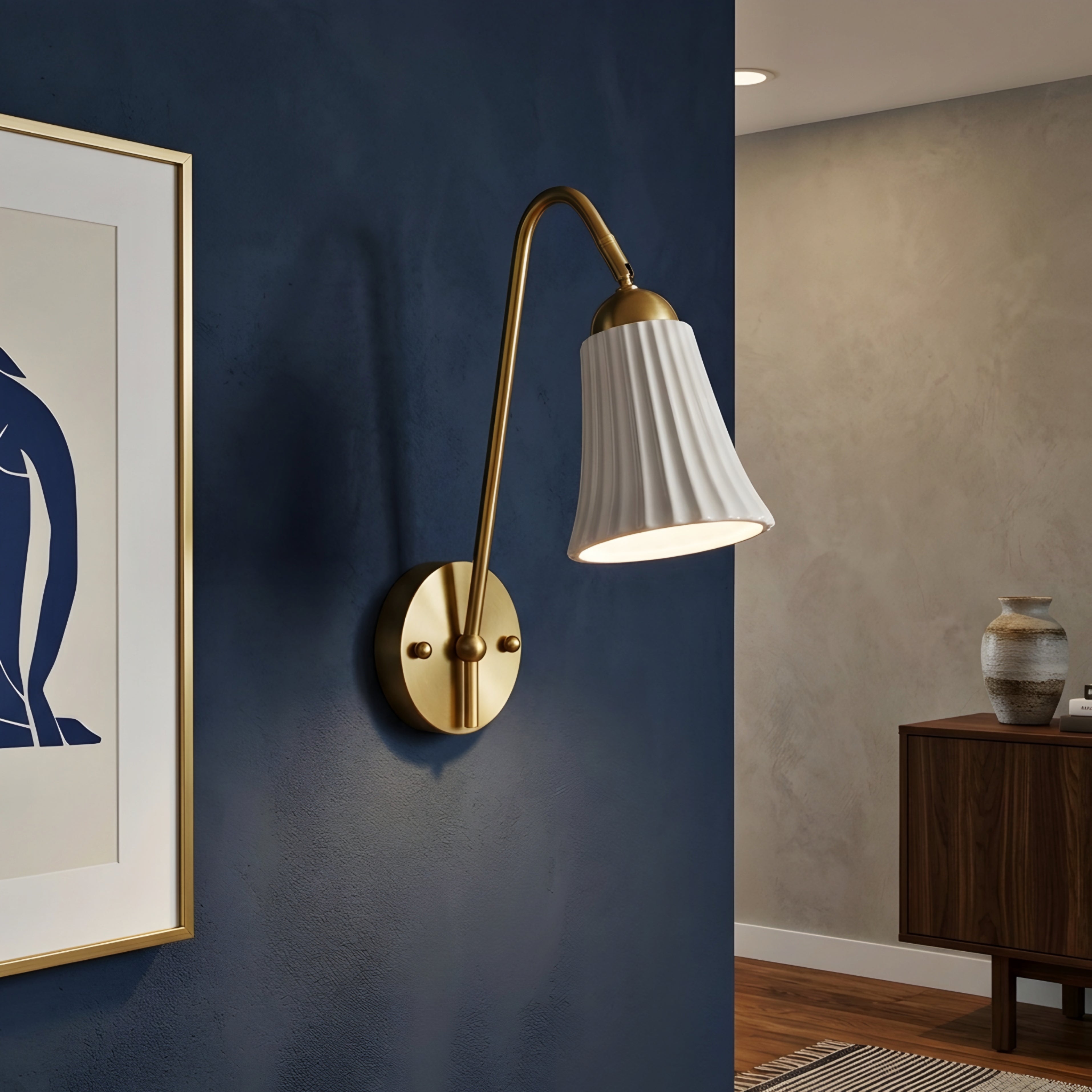 Pleato Wall Sconce – Brass Wall Mounted Decorative Lighting White Fluted Glass Bedroom Living Room