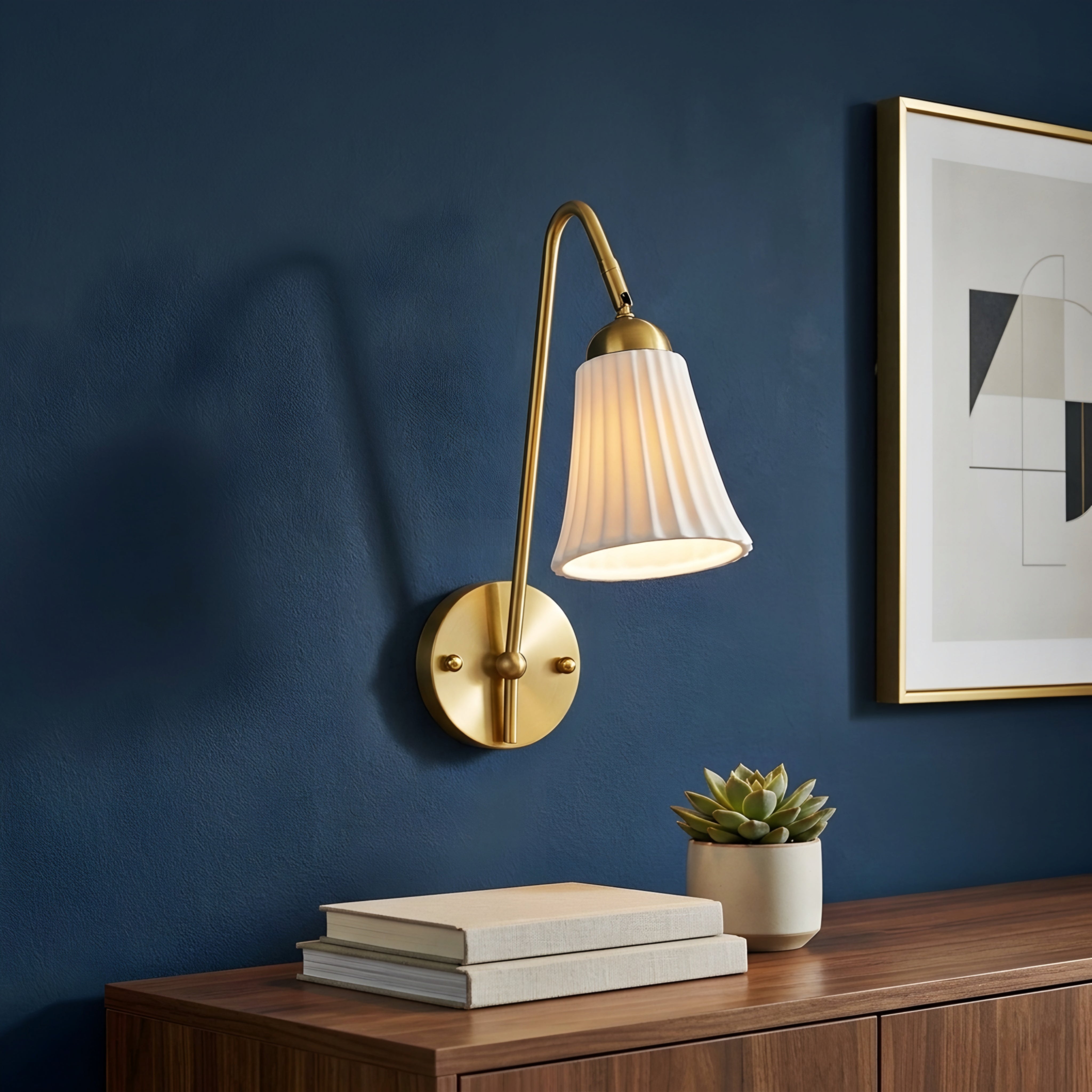 Pleato Wall Sconce – Brass Wall Mounted Decorative Lighting White Fluted Glass Bedroom Living Room