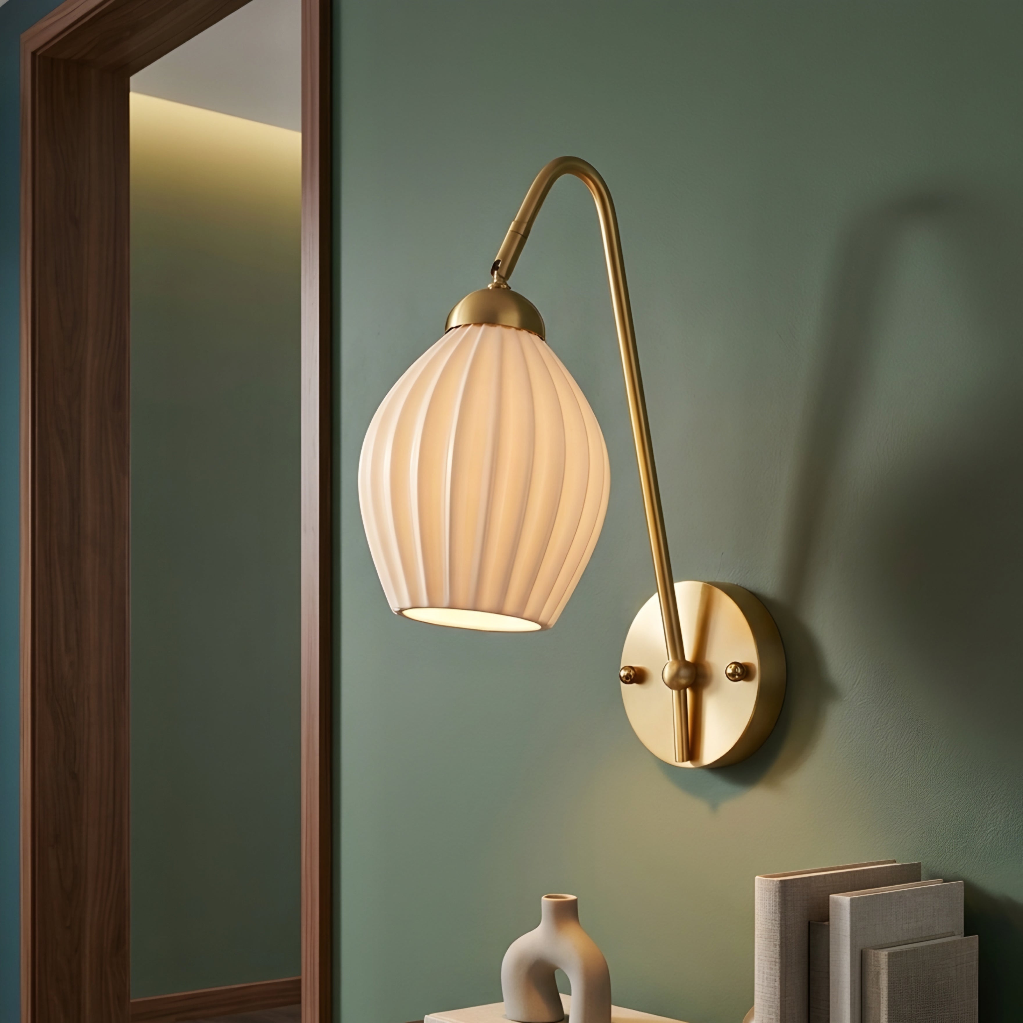 Pleato Wall Sconce – Brass Wall Mounted Decorative Lighting White Fluted Glass Bedroom Living Room