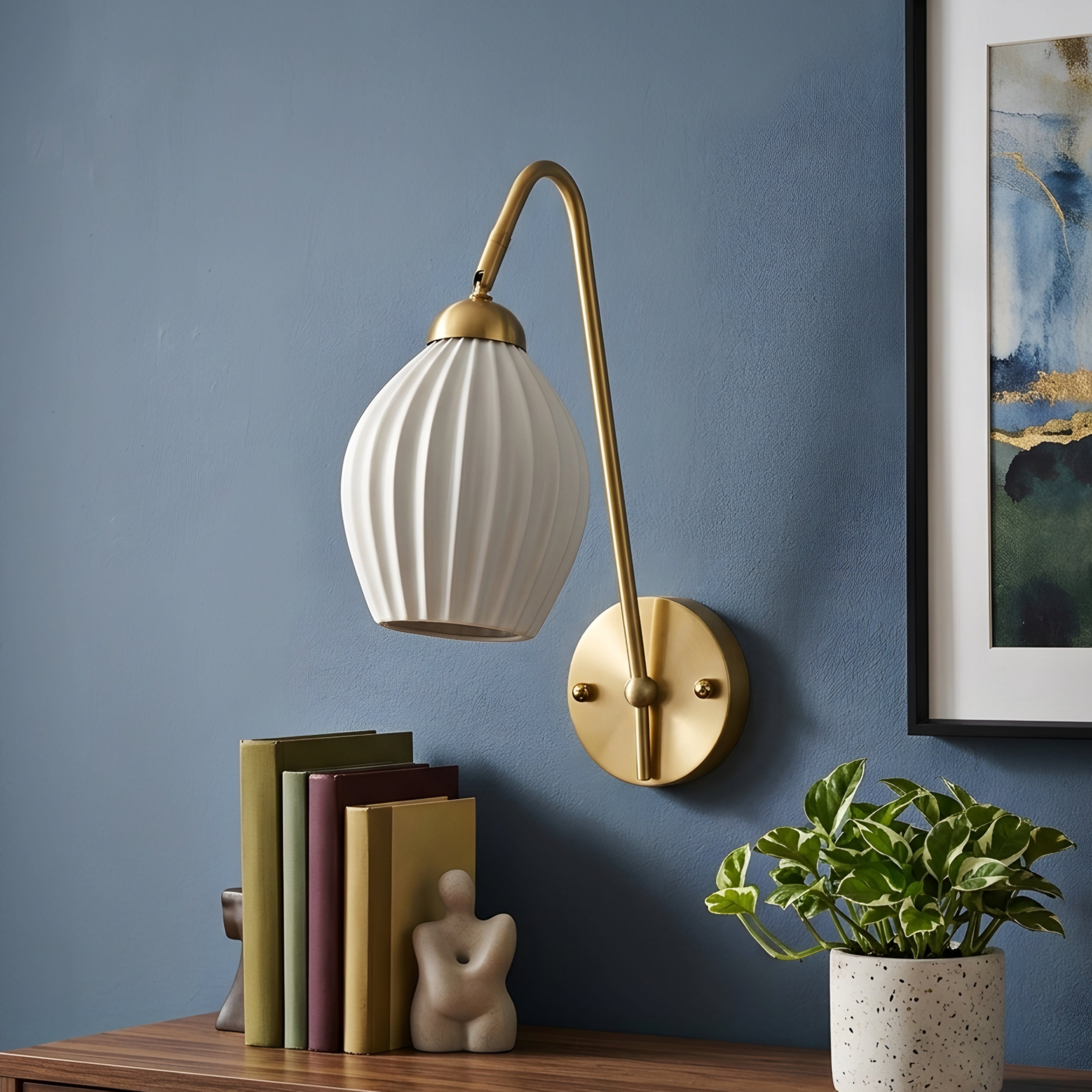Pleato Wall Sconce – Brass Wall Mounted Decorative Lighting White Fluted Glass Bedroom Living Room