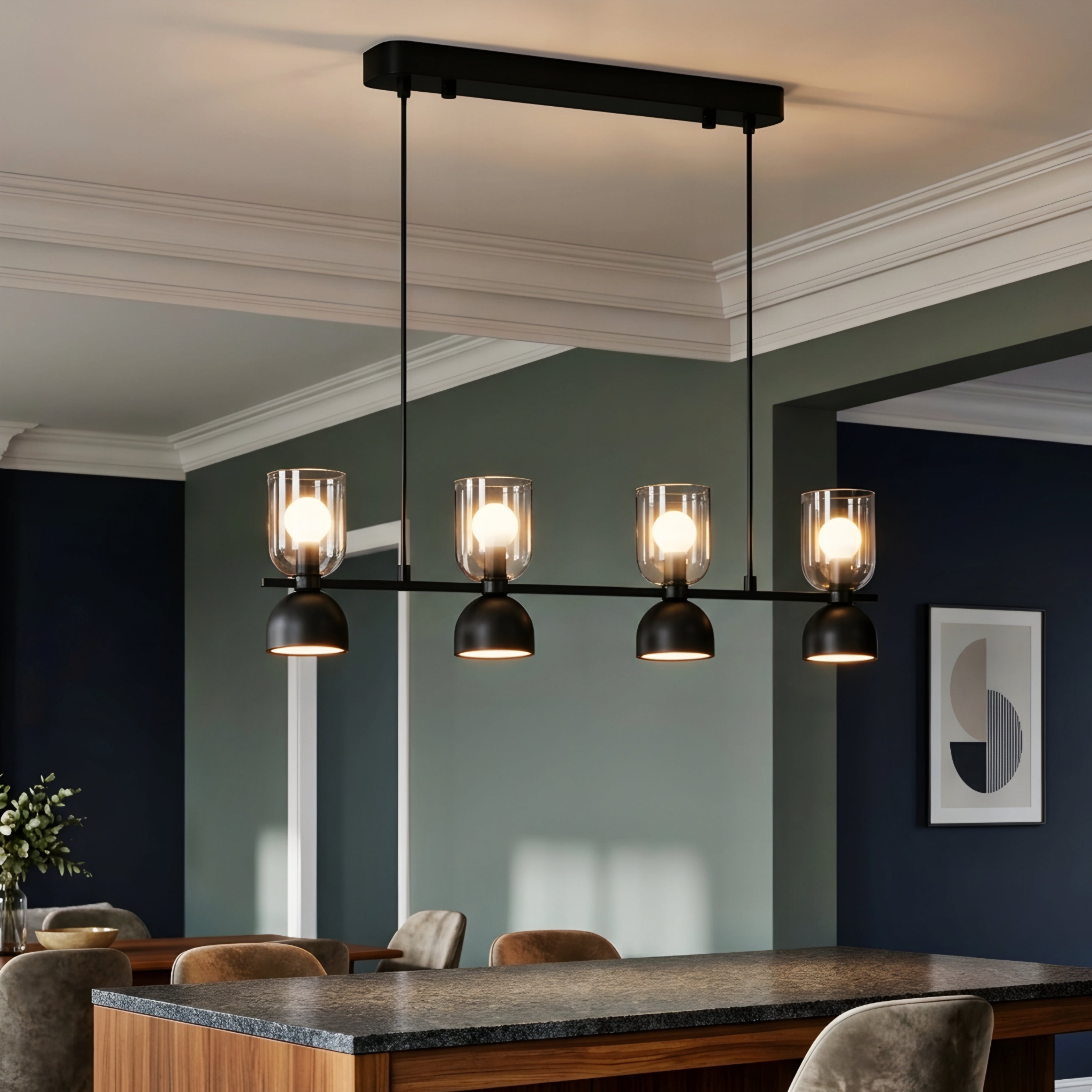 Quova Linear Pendant Light – Black Modern Kitchen Island Chandelier Dining Room Decorative Lighting