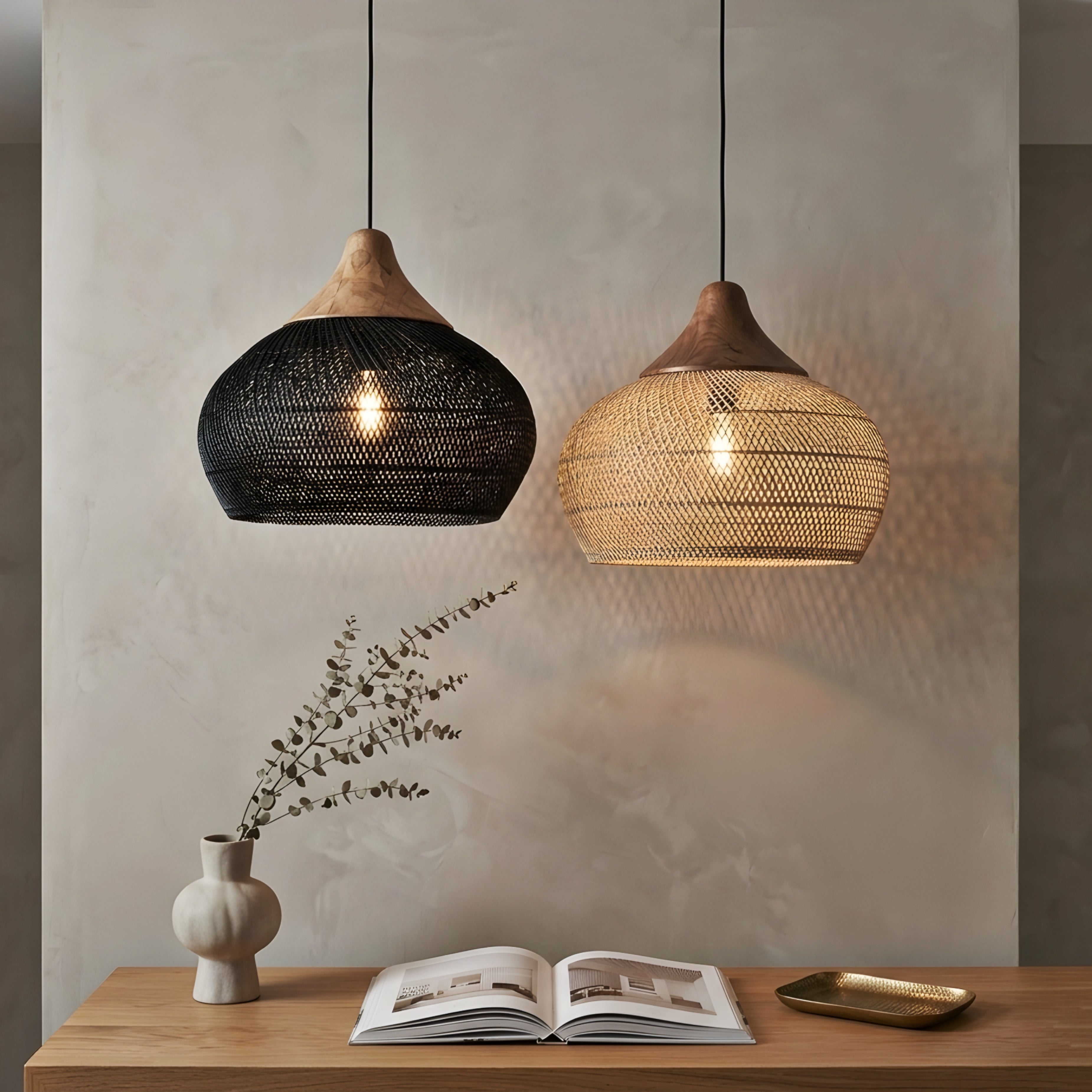 Caldera Pendant Light – Woven Rattan Wood Ceiling Light Kitchen Island Dining Room Decorative Lighting