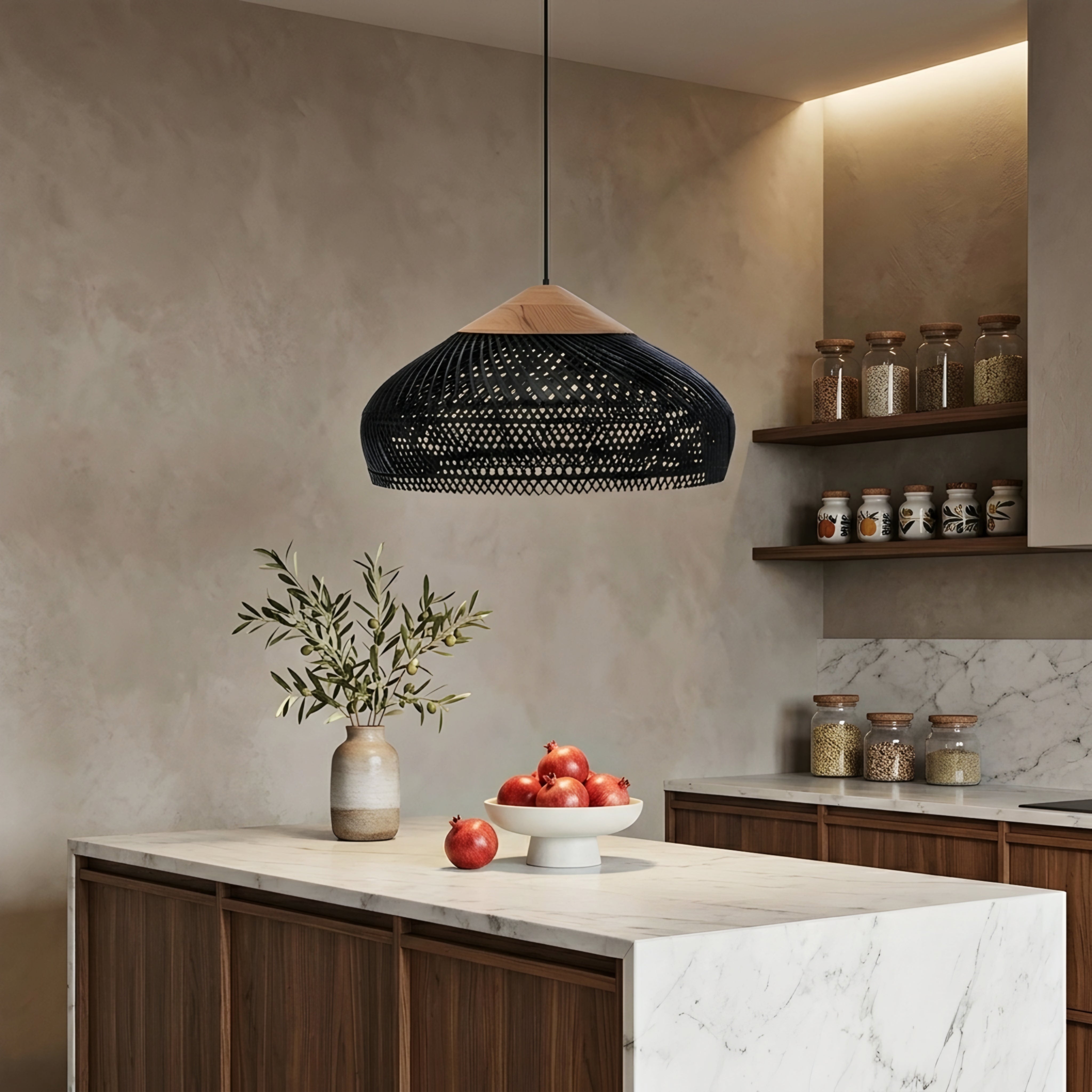 Ravello Woven Pendant Light – Black Rattan Ceiling Lamp Dining Room Kitchen Island Decorative Lighting