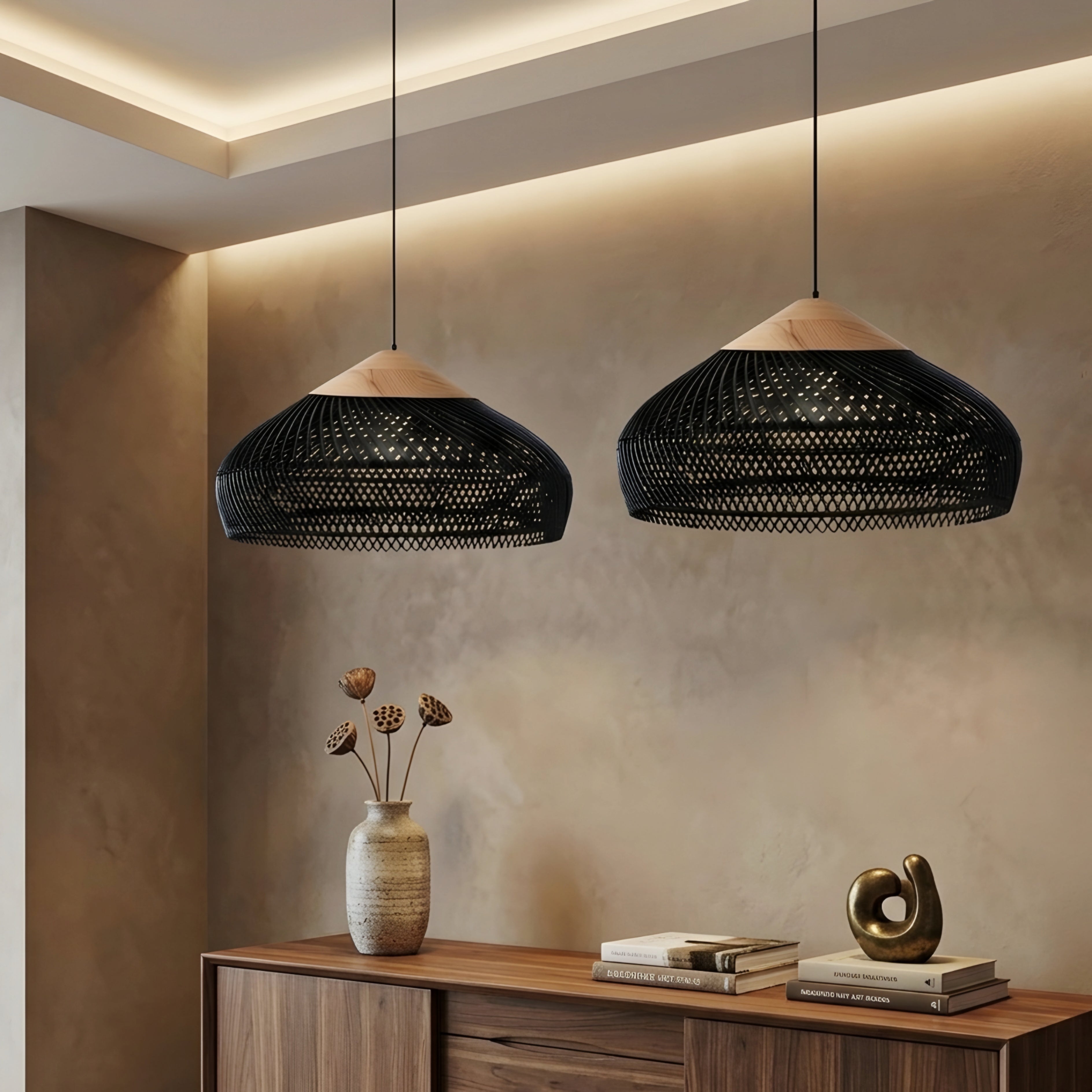 Ravello Woven Pendant Light – Black Rattan Ceiling Lamp Dining Room Kitchen Island Decorative Lighting