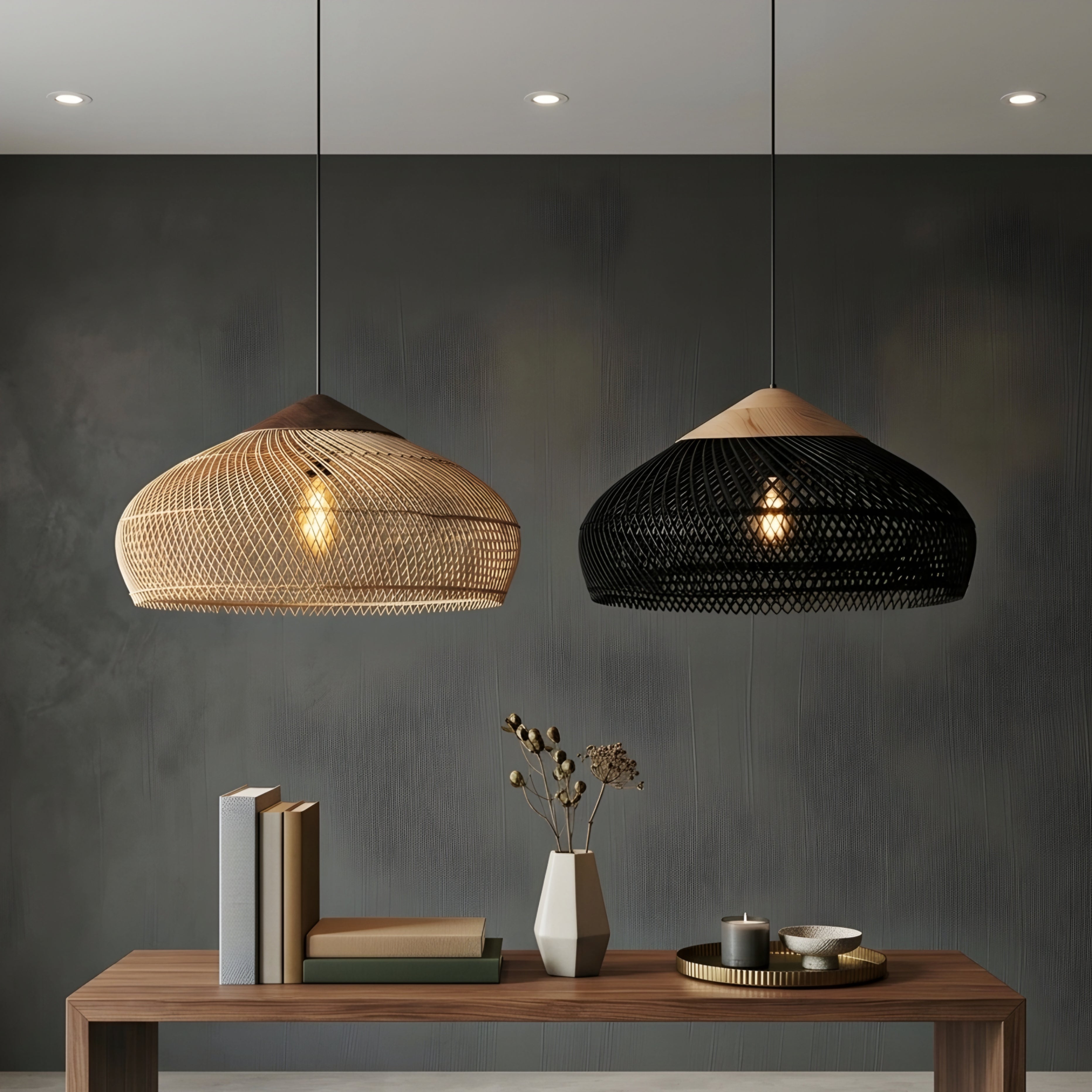 Ravello Woven Pendant Light – Black Rattan Ceiling Lamp Dining Room Kitchen Island Decorative Lighting