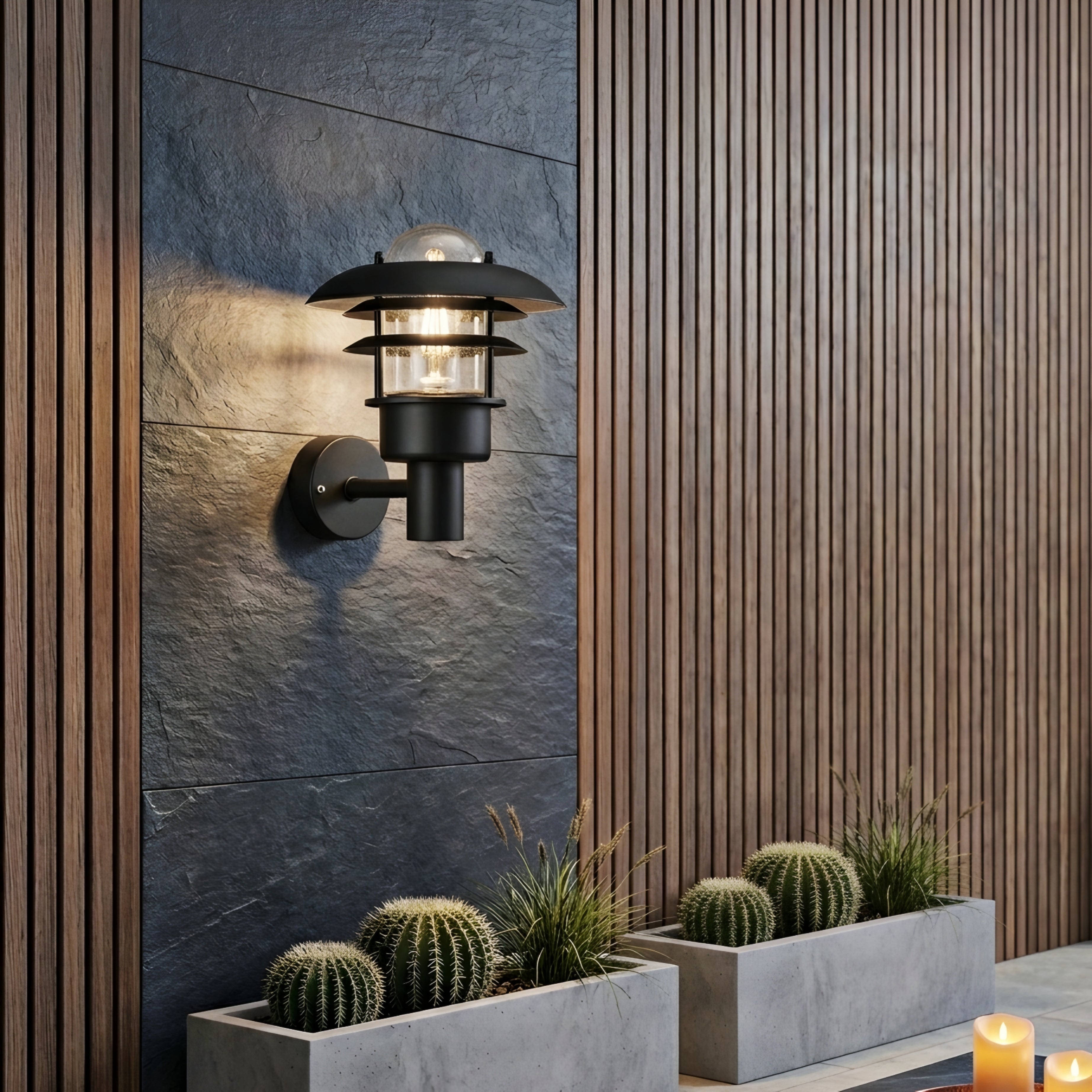 Nordvik Tiered Wall Sconce – Outdoor Black Metal Clear Glass Decorative Lighting Patio Entryway