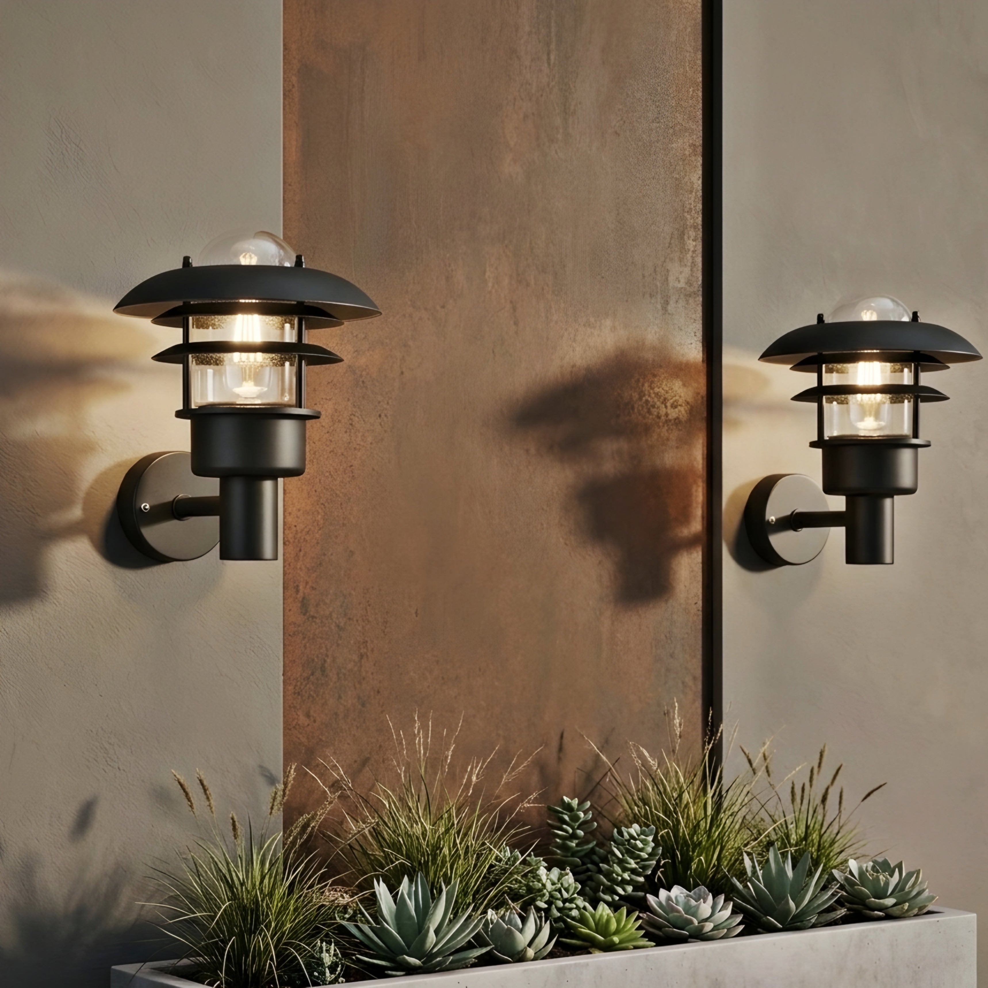 Nordvik Tiered Wall Sconce – Outdoor Black Metal Clear Glass Decorative Lighting Patio Entryway