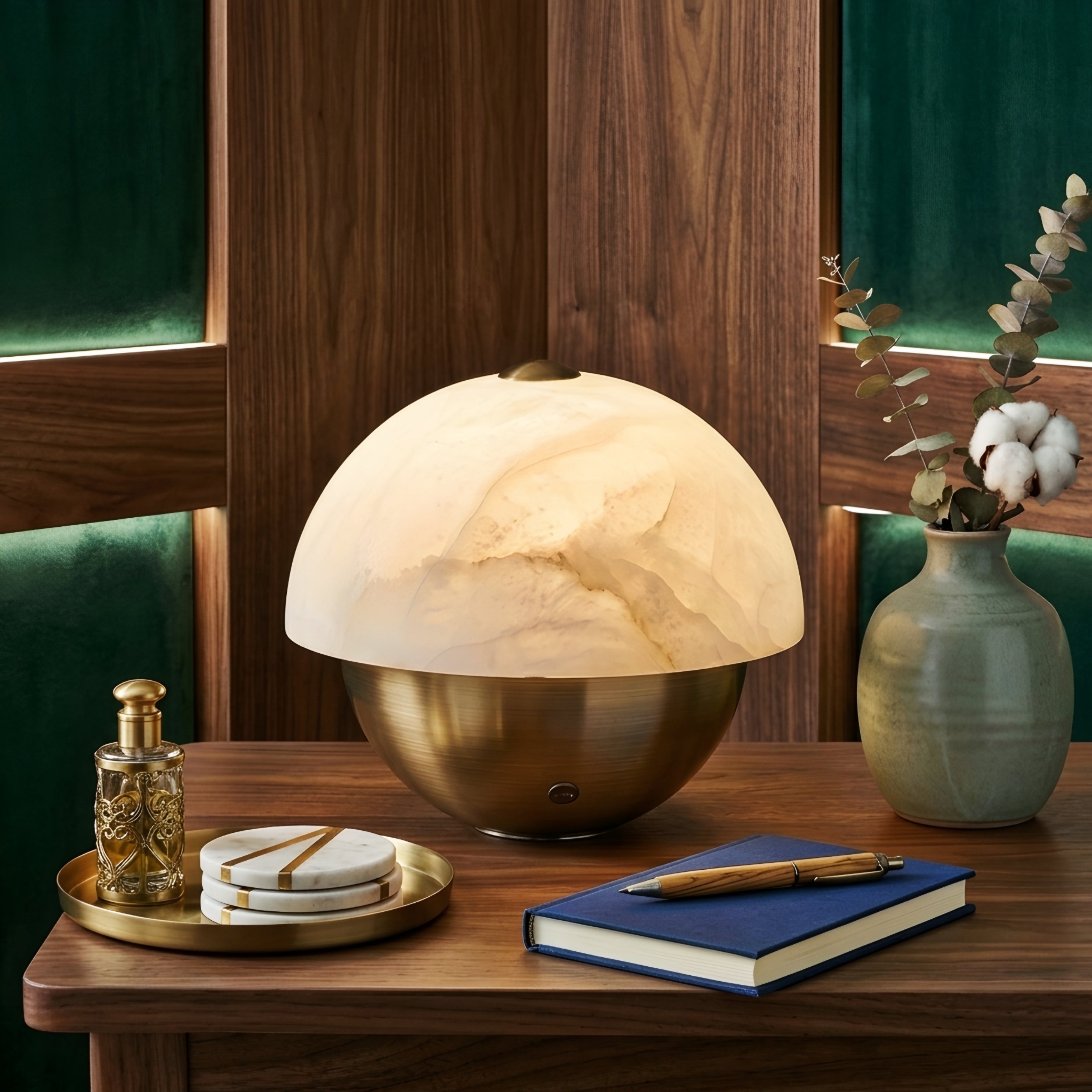 Verano Dome Table Lamp – Alabaster Glass Decorative Lighting Bedroom Living Room Accent Brass Base