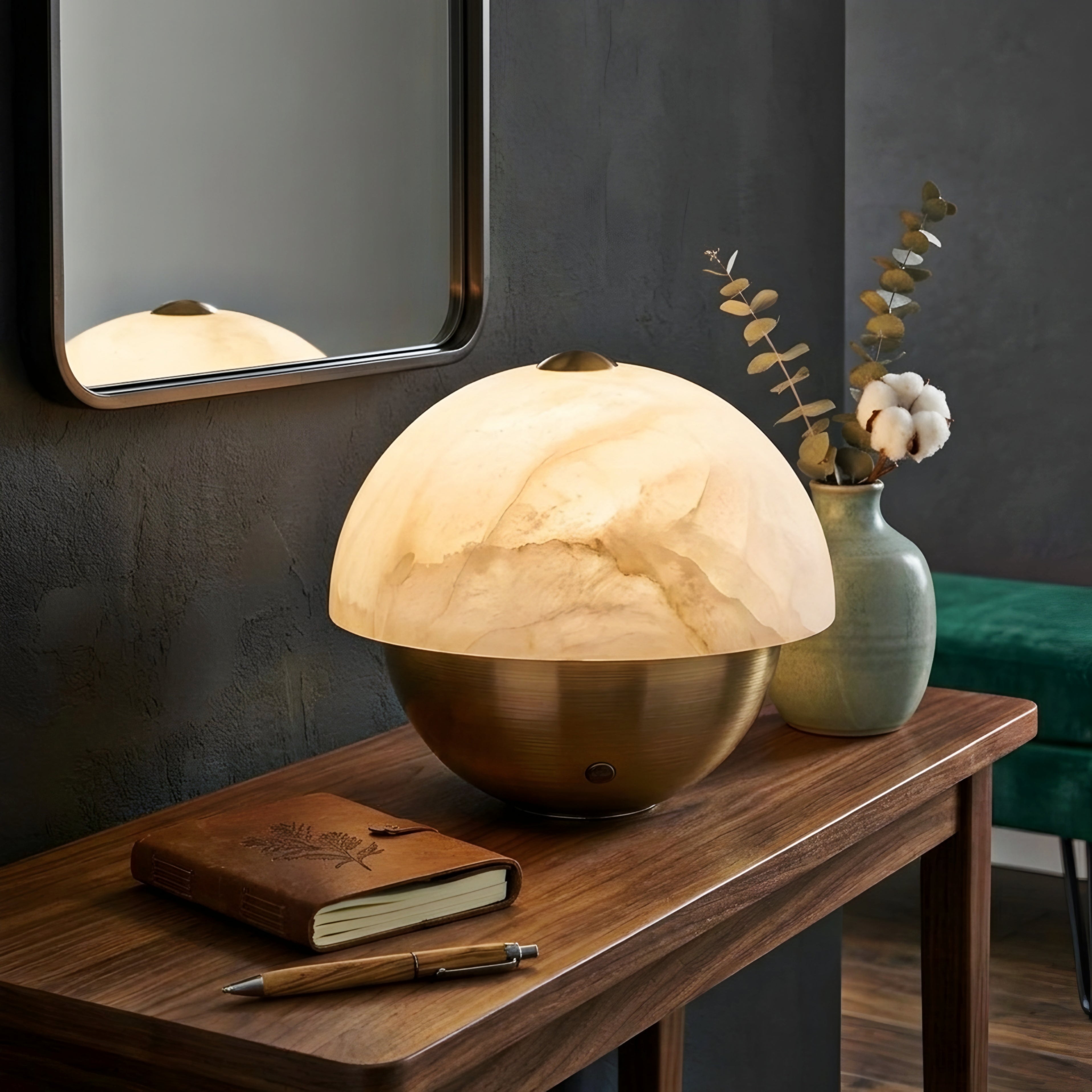 Verano Dome Table Lamp – Alabaster Glass Decorative Lighting Bedroom Living Room Accent Brass Base