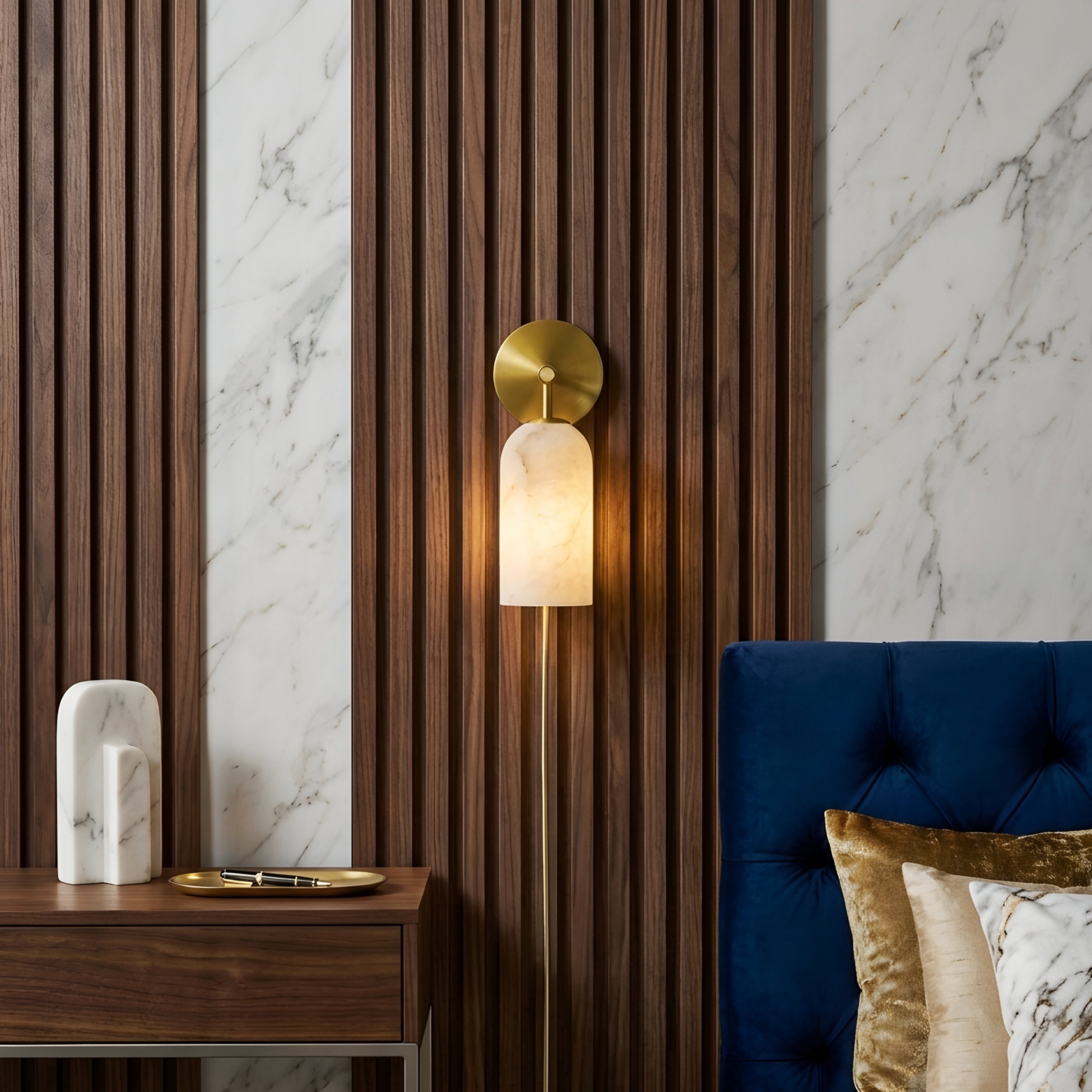 Caldex Marble Wall Sconce – Alabaster Glass Brass Modern Bedroom Living Room Decorative Lighting