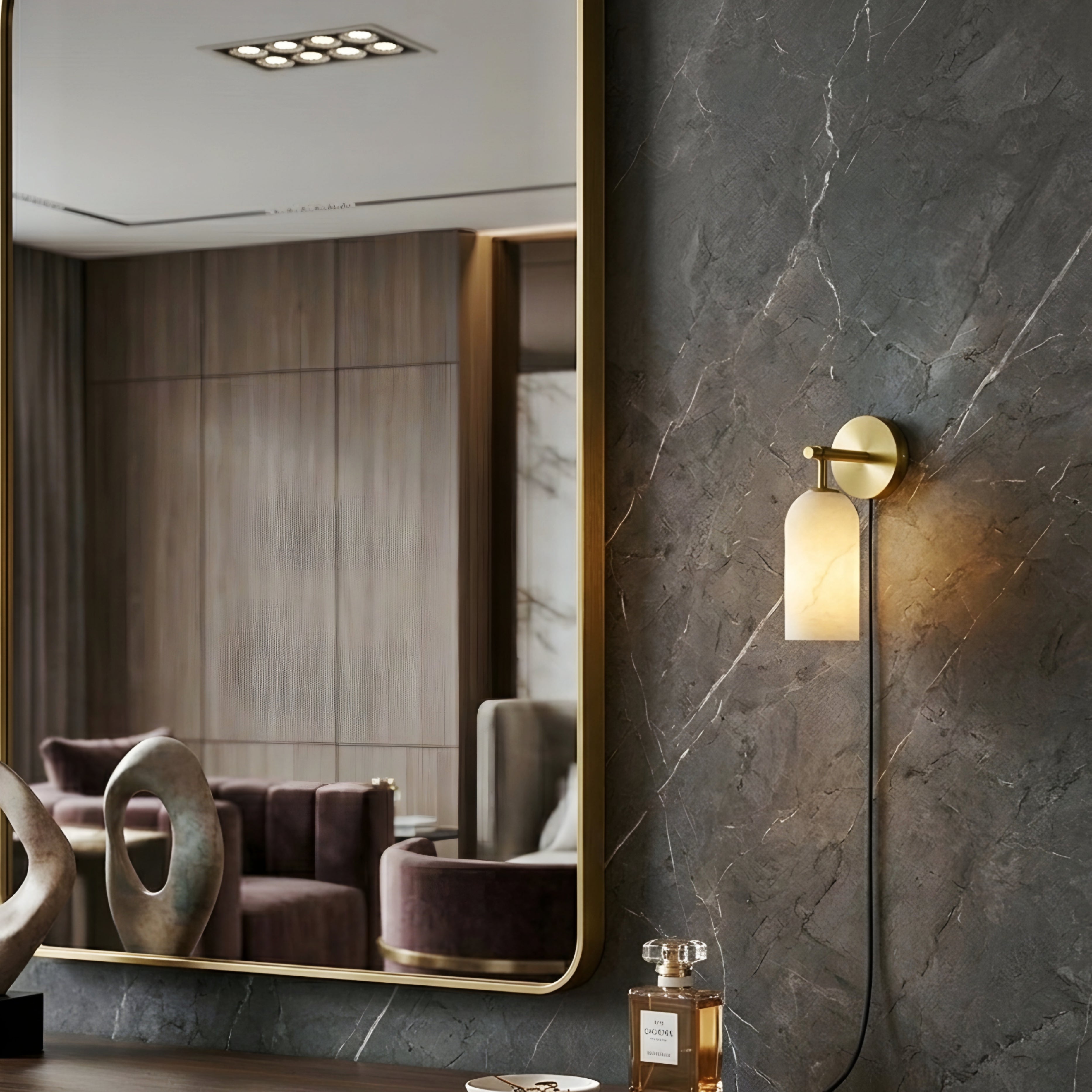 Caldex Marble Wall Sconce – Alabaster Glass Brass Modern Bedroom Living Room Decorative Lighting