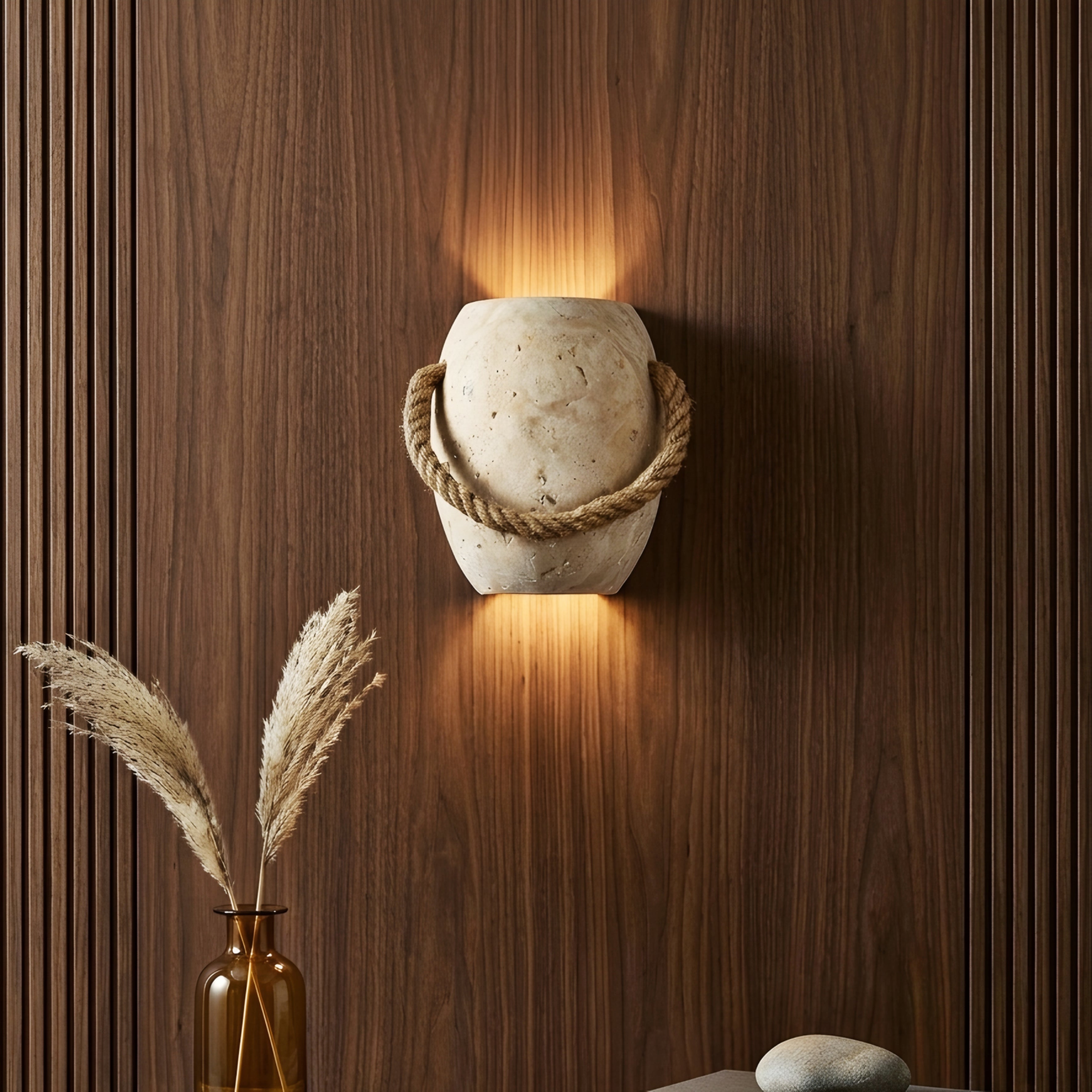 Terrakos Decorative Lantern – Textured Stone Finish Coastal Rope Handle LED Accent Lighting Tabletop