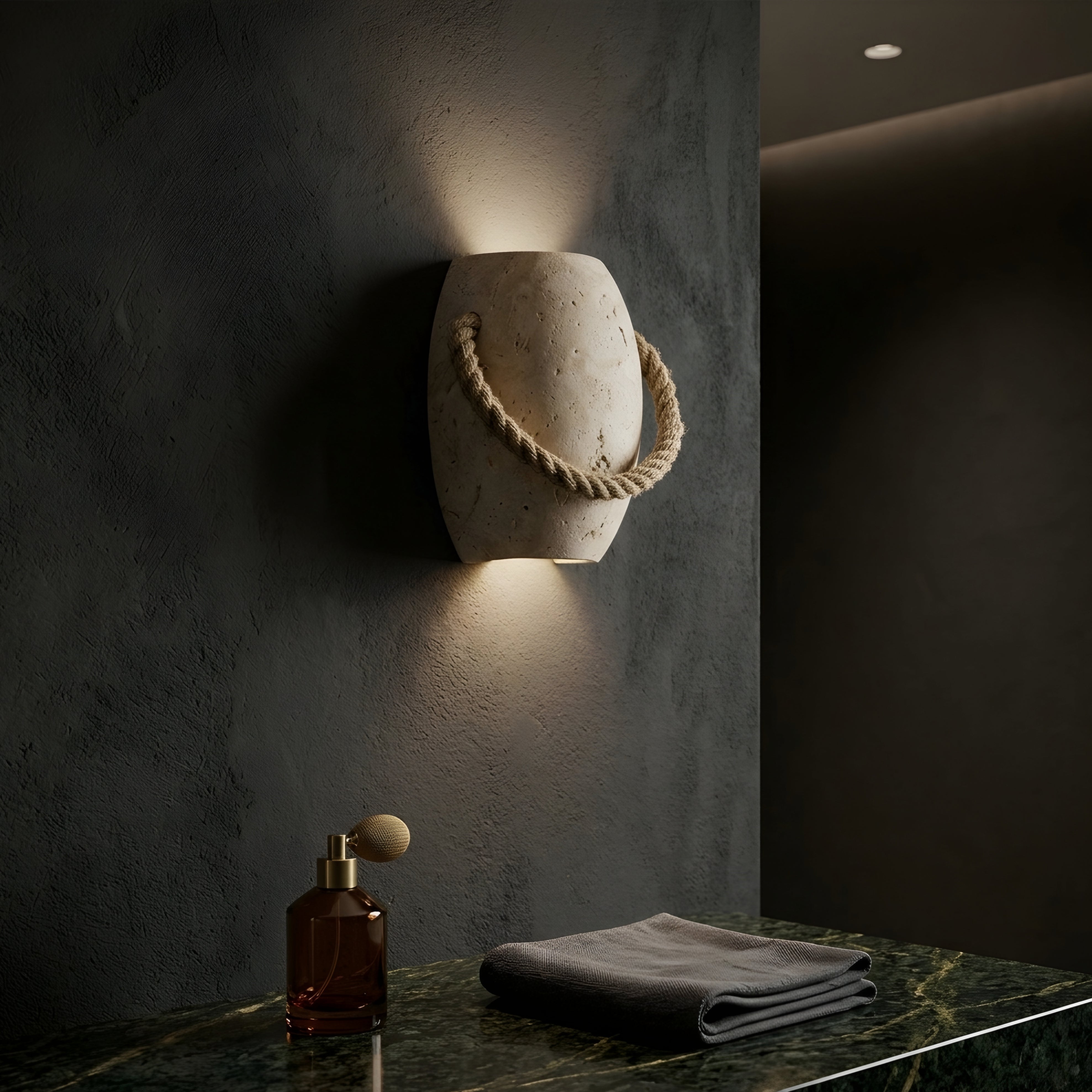 Terrakos Decorative Lantern – Textured Stone Finish Coastal Rope Handle LED Accent Lighting Tabletop