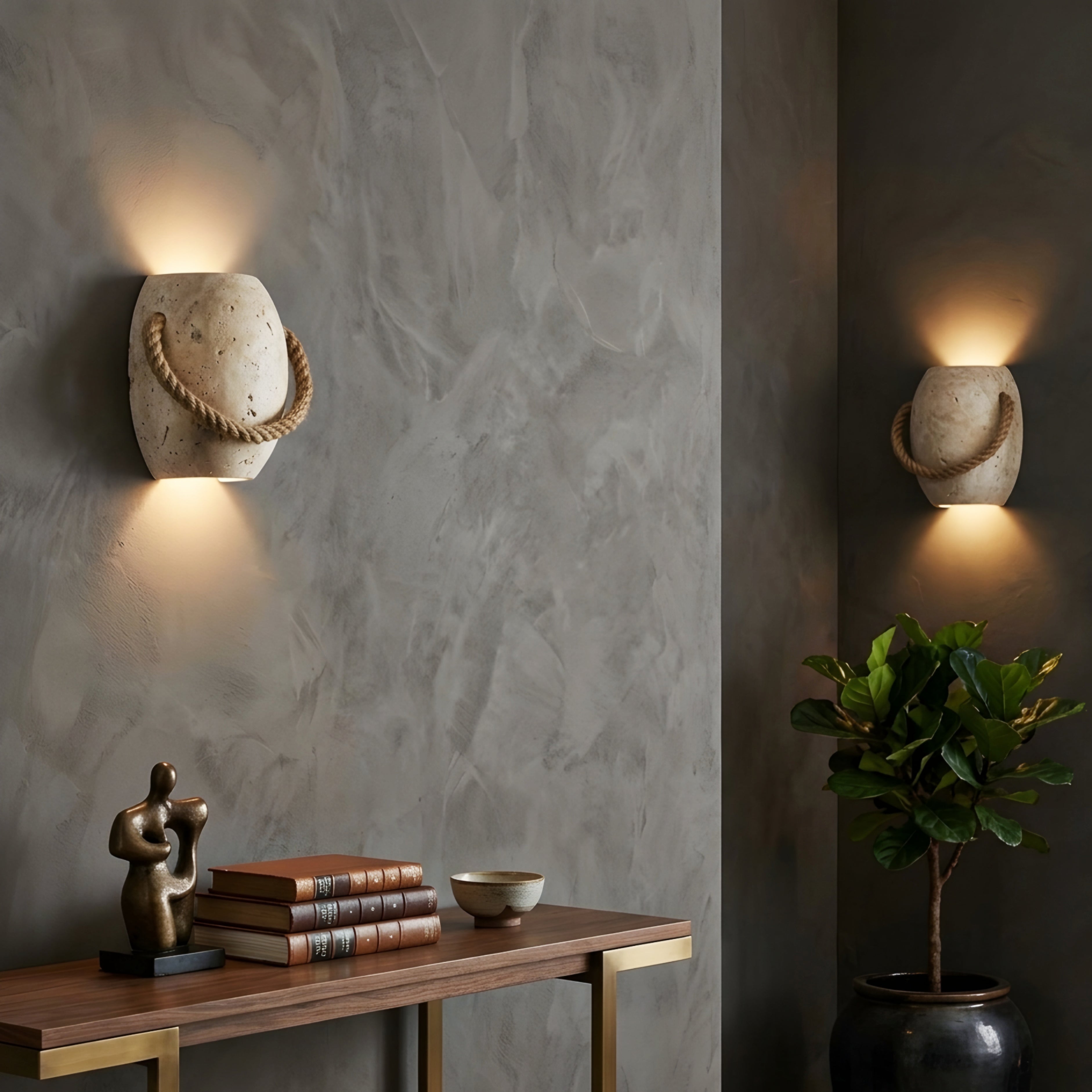 Terrakos Decorative Lantern – Textured Stone Finish Coastal Rope Handle LED Accent Lighting Tabletop