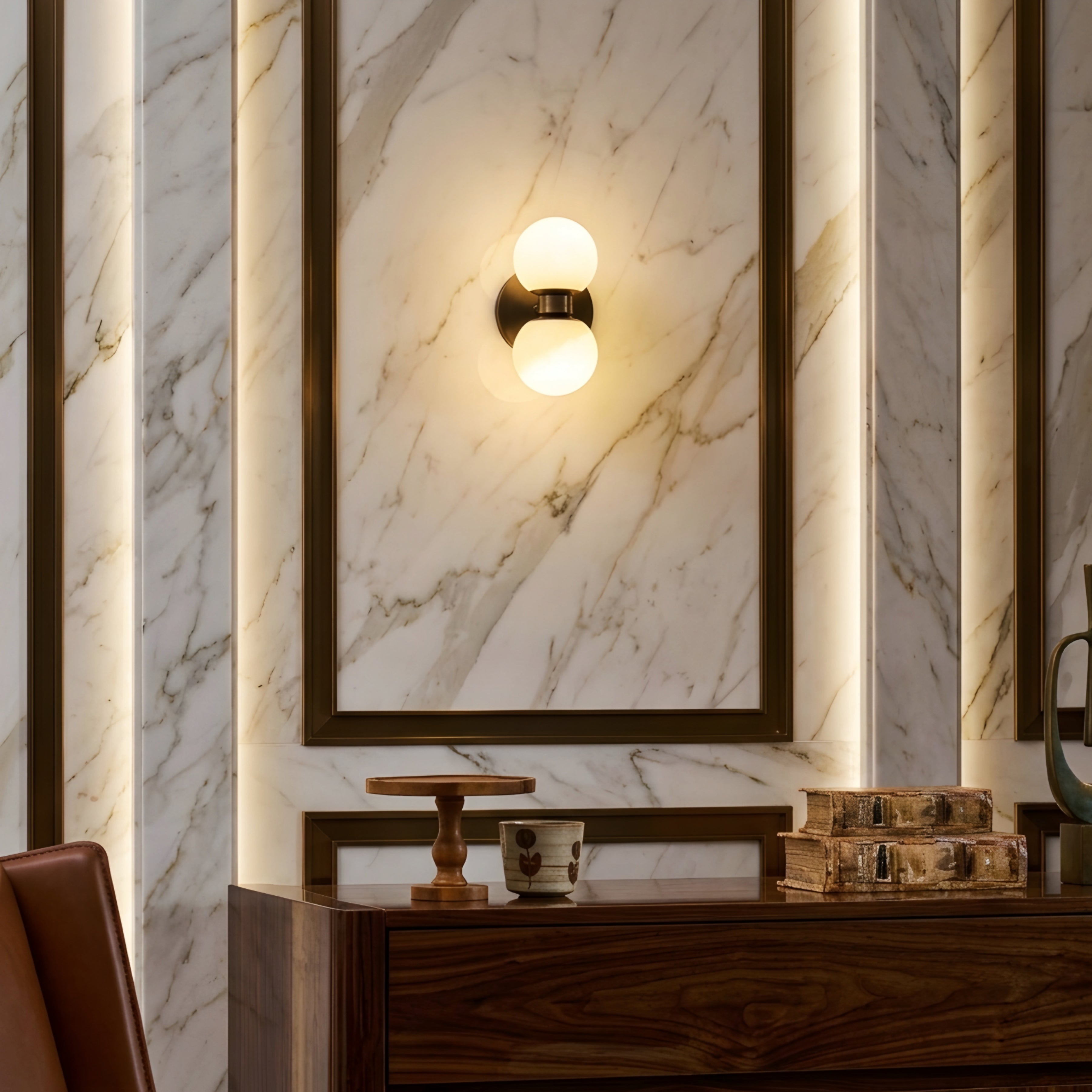 Solmare Globe Wall Sconce – Decorative Lighting Double Sphere Amber Glass Brass Hallway Bedroom Modern