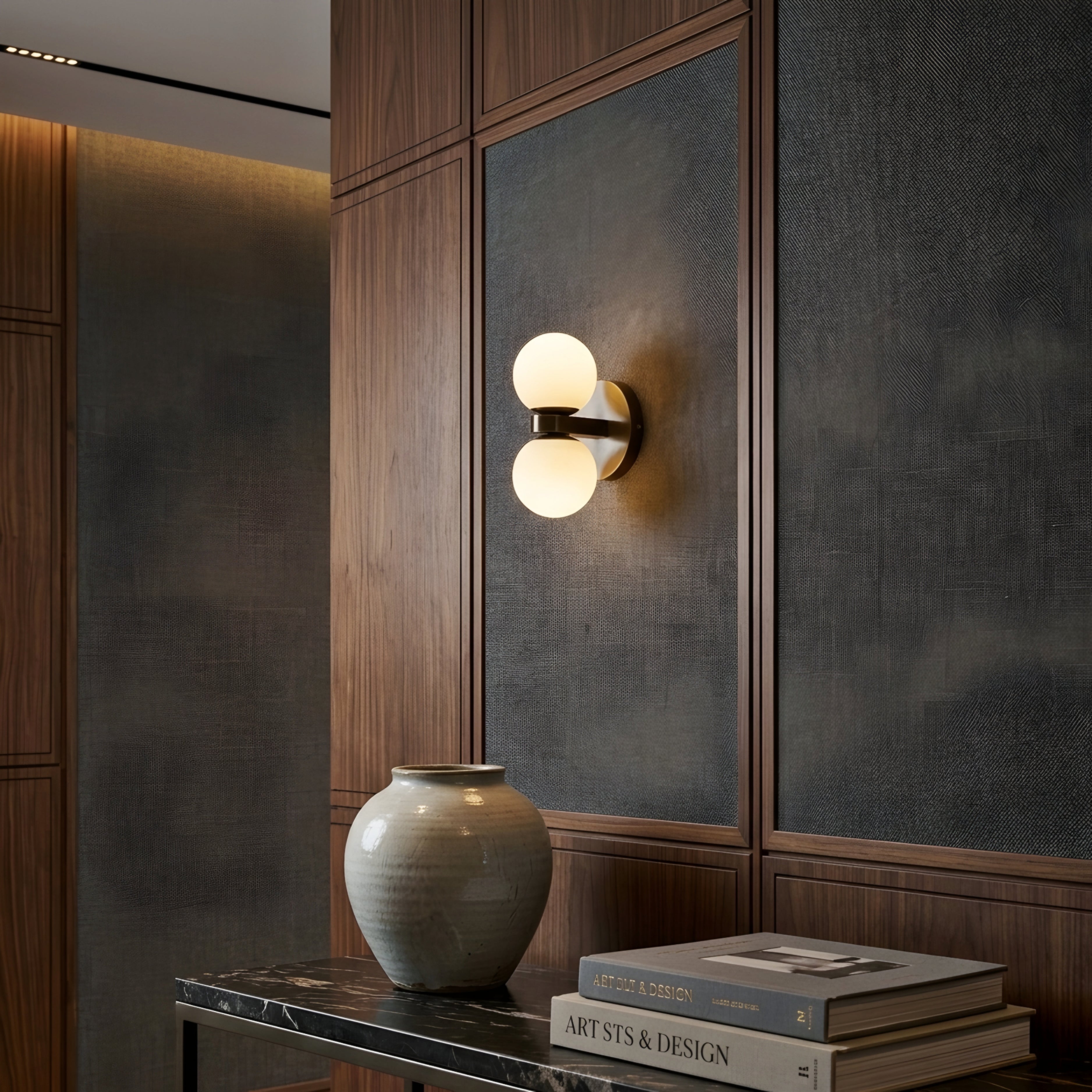 Solmare Globe Wall Sconce – Decorative Lighting Double Sphere Amber Glass Brass Hallway Bedroom Modern