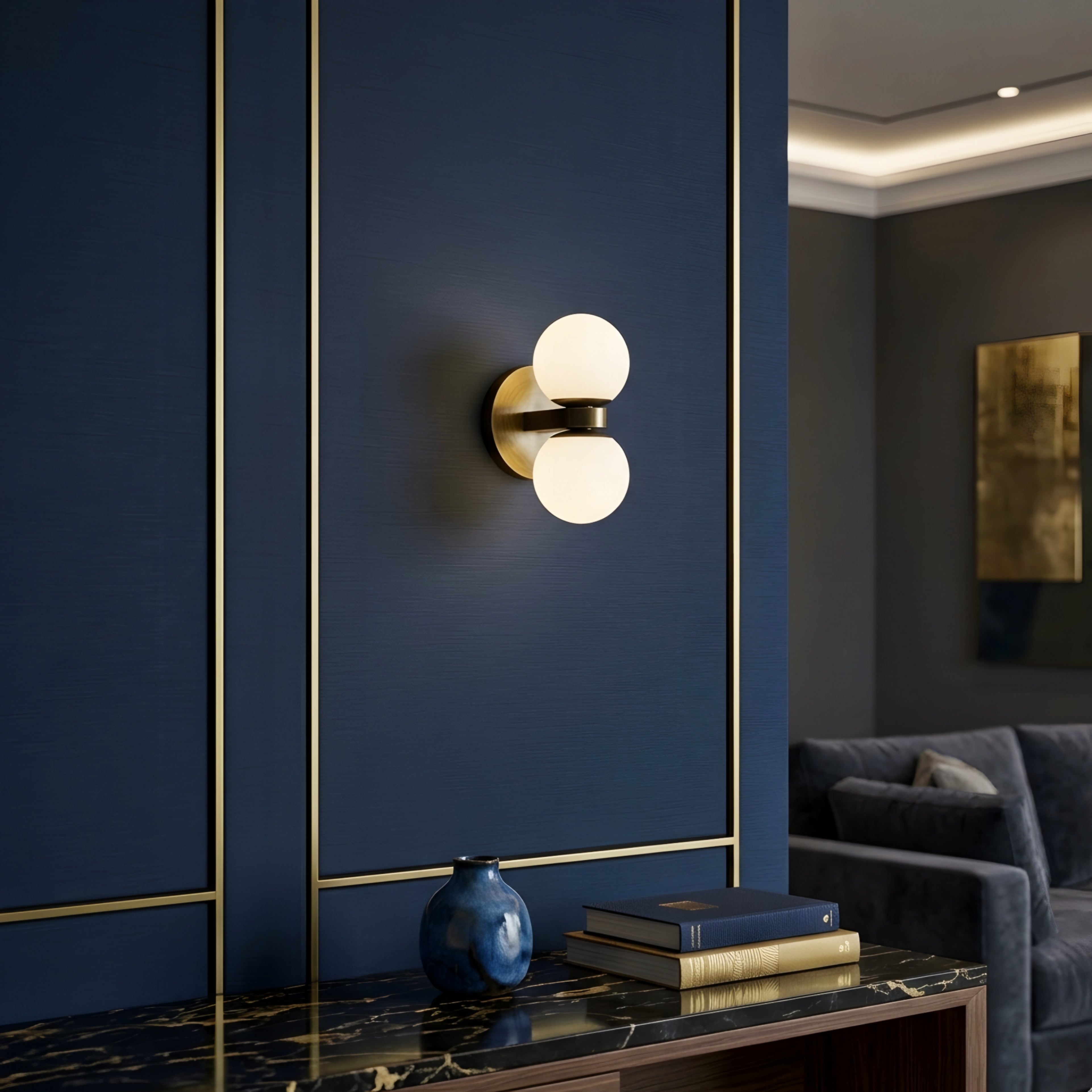 Solmare Globe Wall Sconce – Decorative Lighting Double Sphere Amber Glass Brass Hallway Bedroom Modern