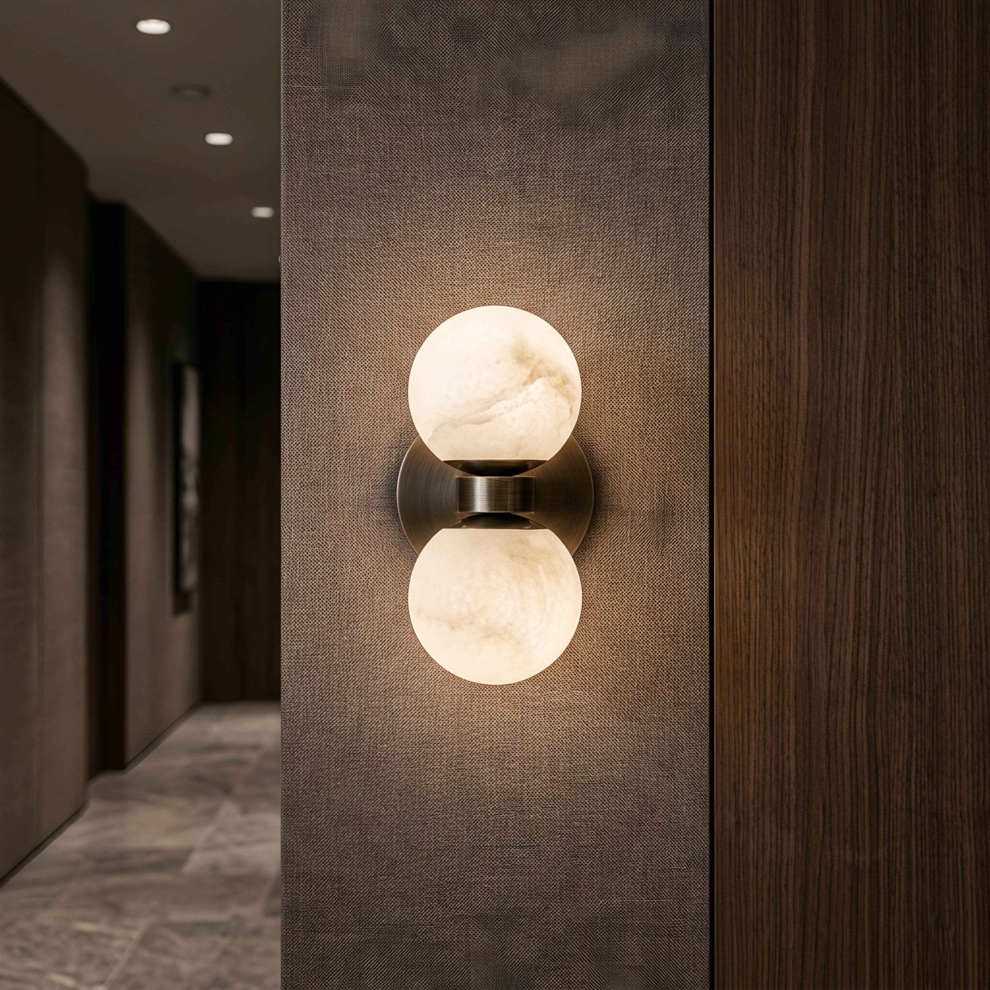Solmare Globe Wall Sconce – Decorative Lighting Double Sphere Amber Glass Brass Hallway Bedroom Modern