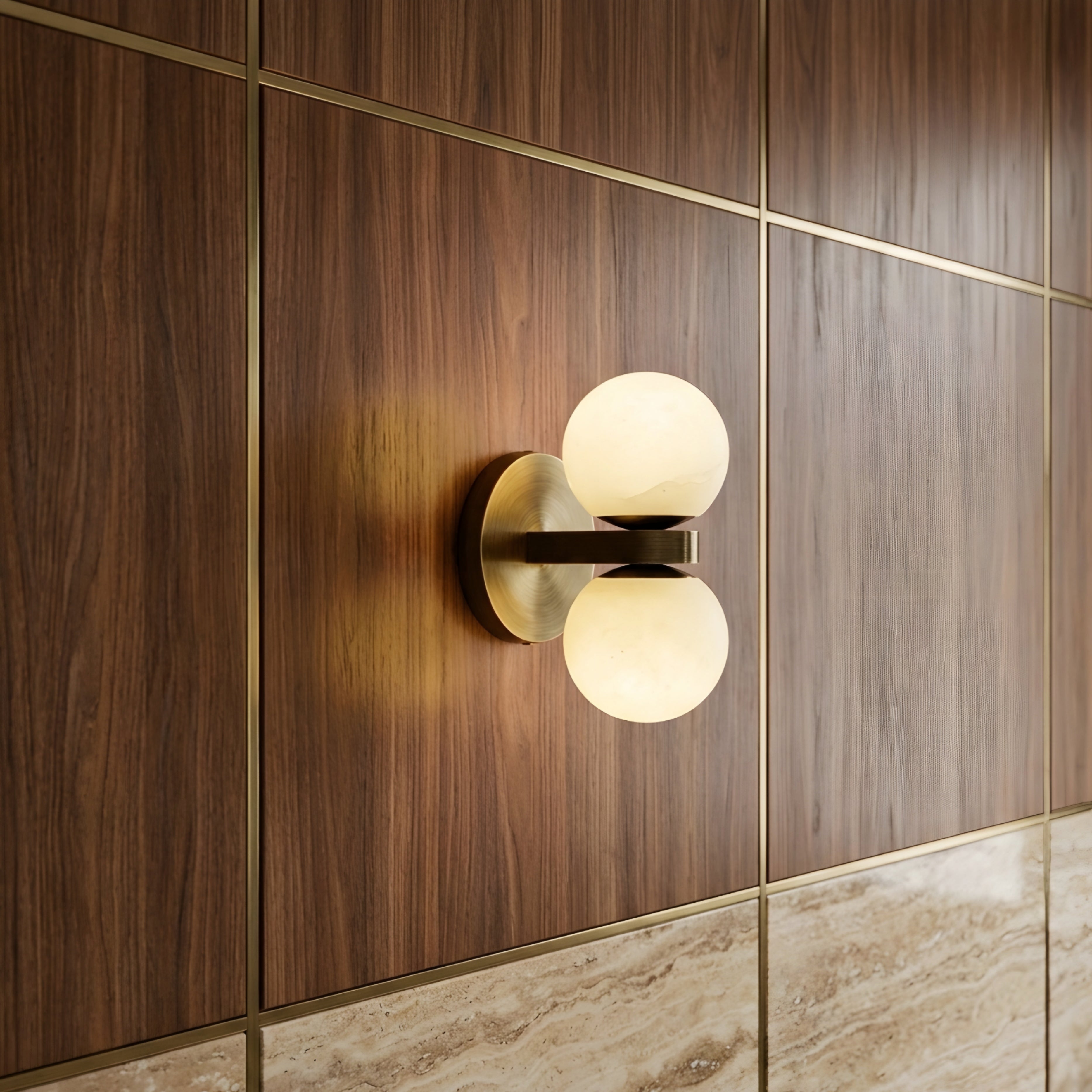 Solmare Globe Wall Sconce – Decorative Lighting Double Sphere Amber Glass Brass Hallway Bedroom Modern