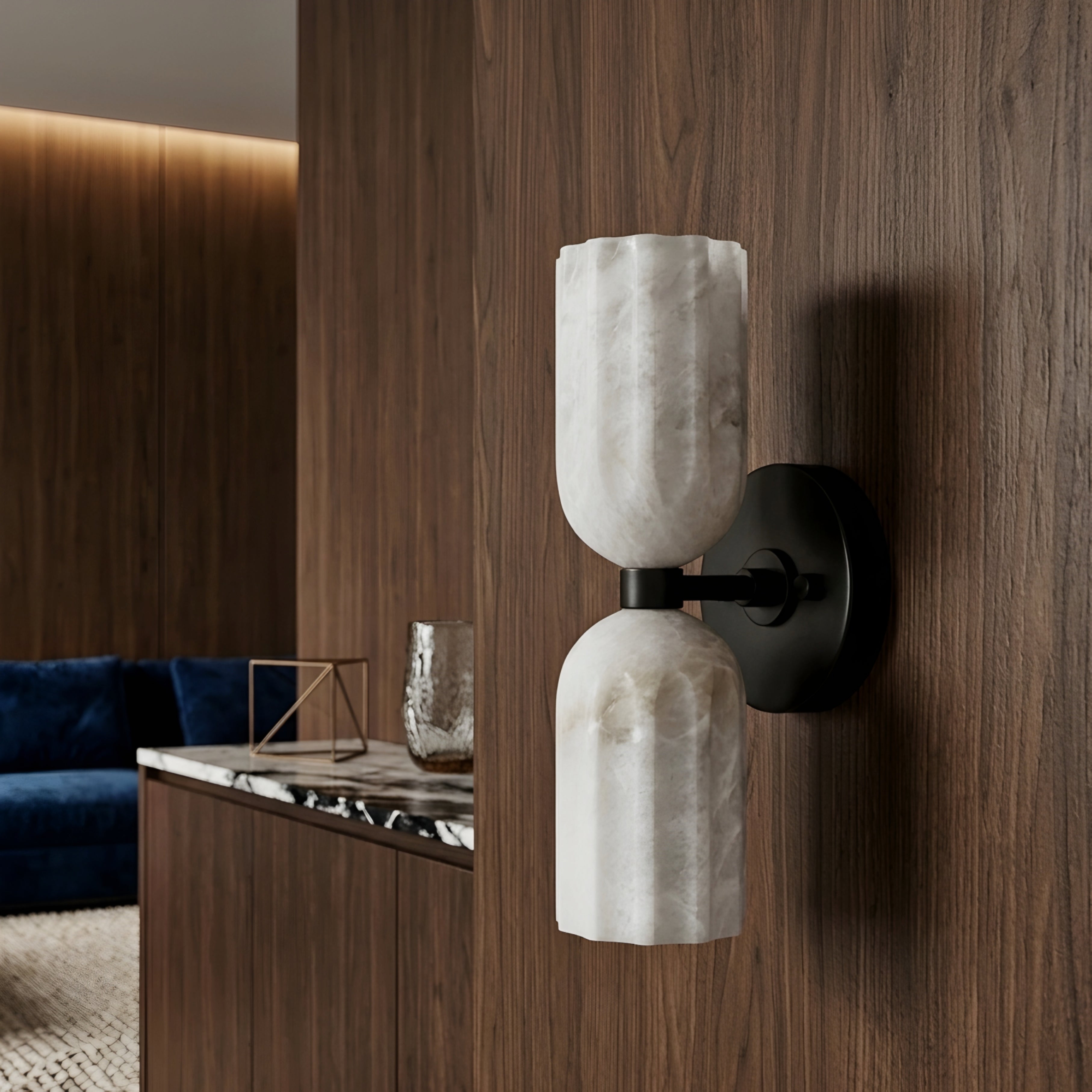 Caldara Dual Wall Sconce – Brass Gold Alabaster Glass Modern Wall Lighting Bedroom Bathroom Hallway