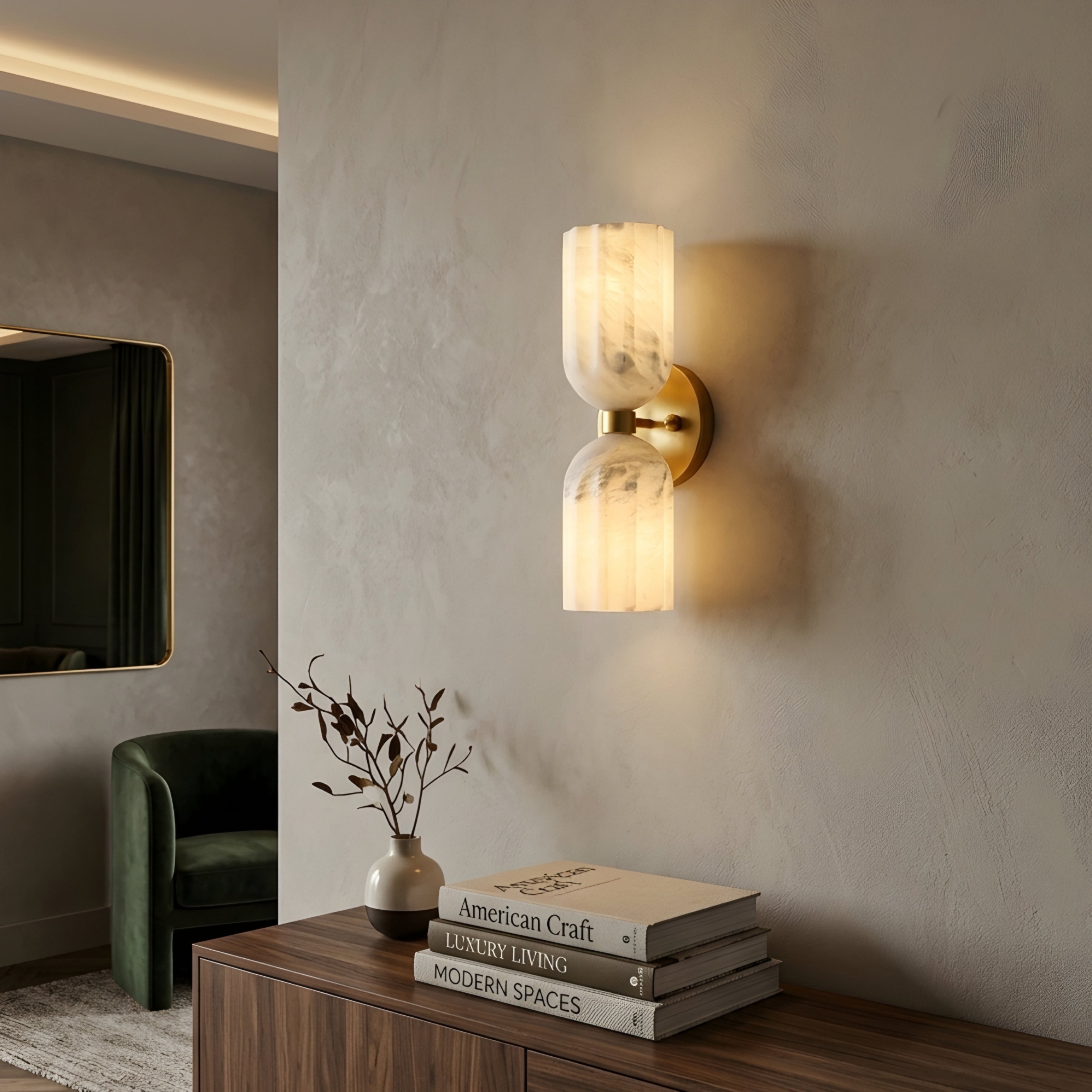 Caldara Dual Wall Sconce – Brass Gold Alabaster Glass Modern Wall Lighting Bedroom Bathroom Hallway