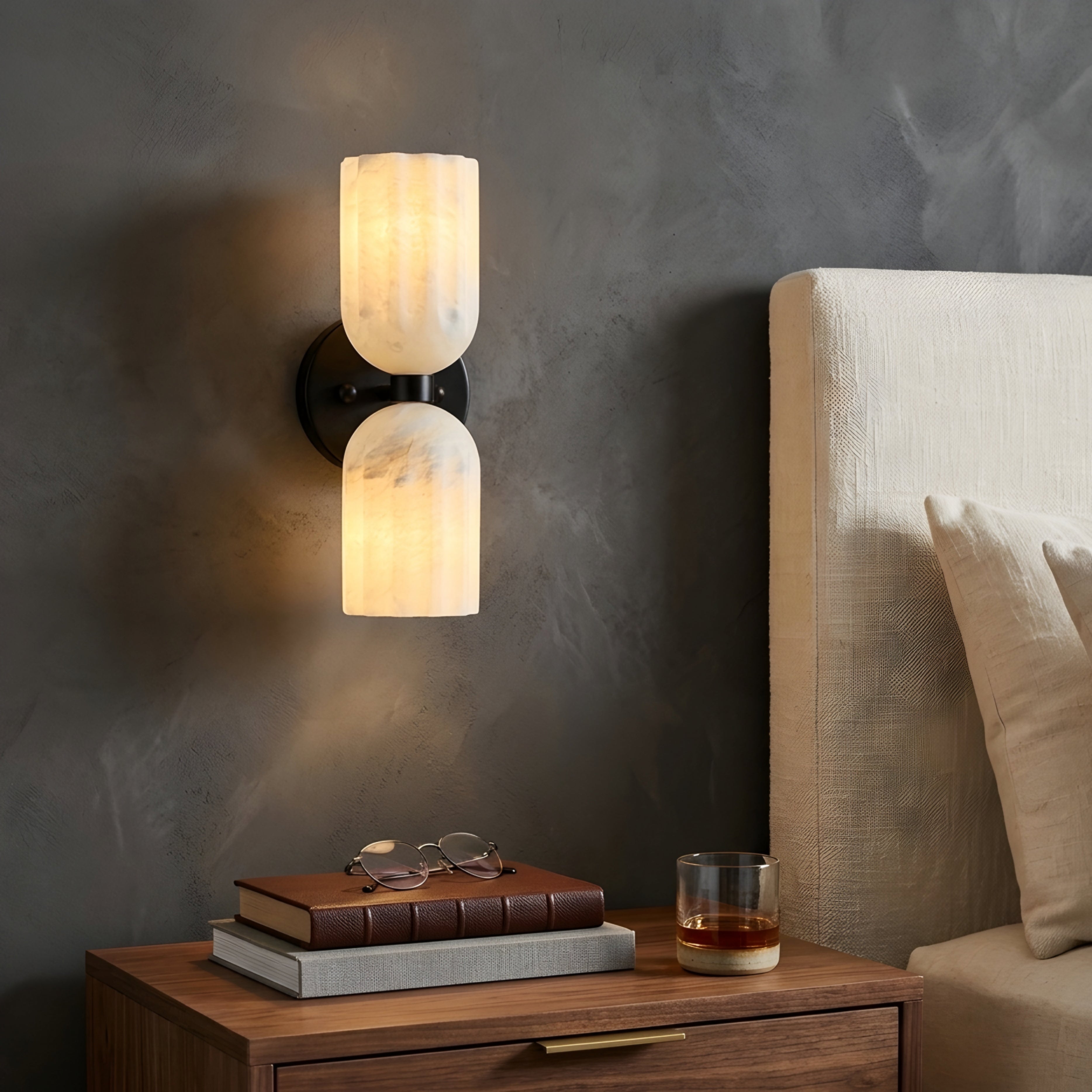 Caldara Dual Wall Sconce – Brass Gold Alabaster Glass Modern Wall Lighting Bedroom Bathroom Hallway