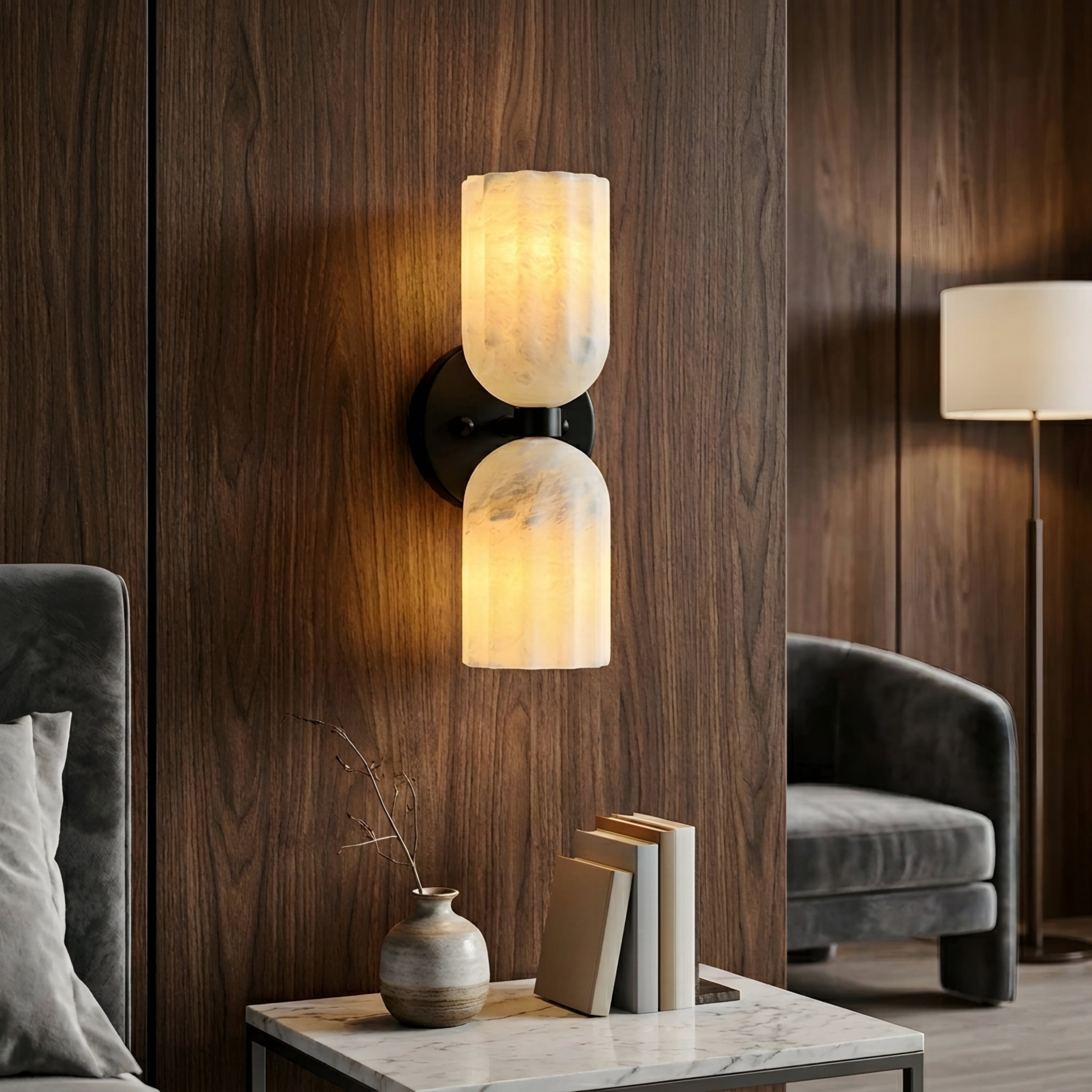 Caldara Dual Wall Sconce – Brass Gold Alabaster Glass Modern Wall Lighting Bedroom Bathroom Hallway