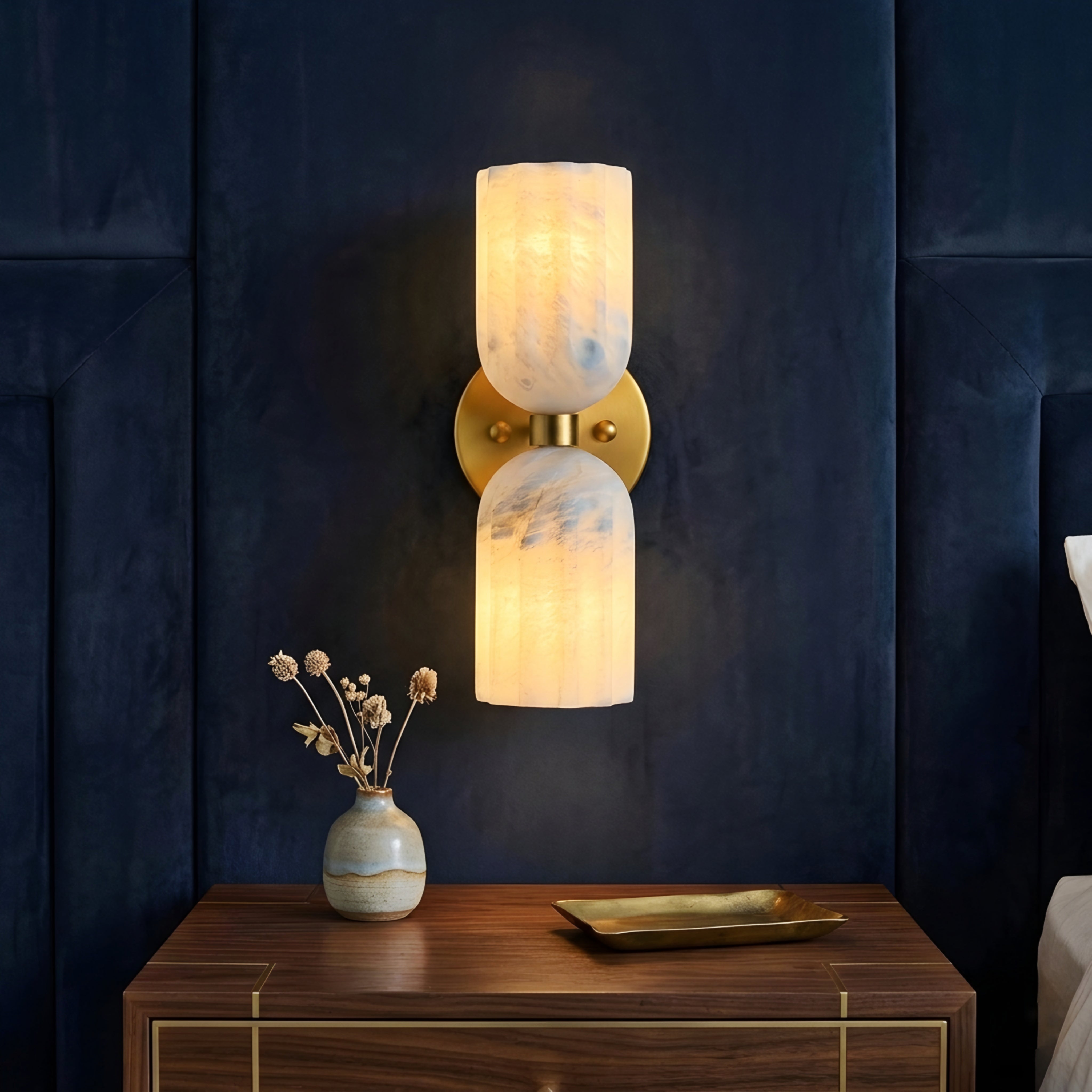 Caldara Dual Wall Sconce – Brass Gold Alabaster Glass Modern Wall Lighting Bedroom Bathroom Hallway