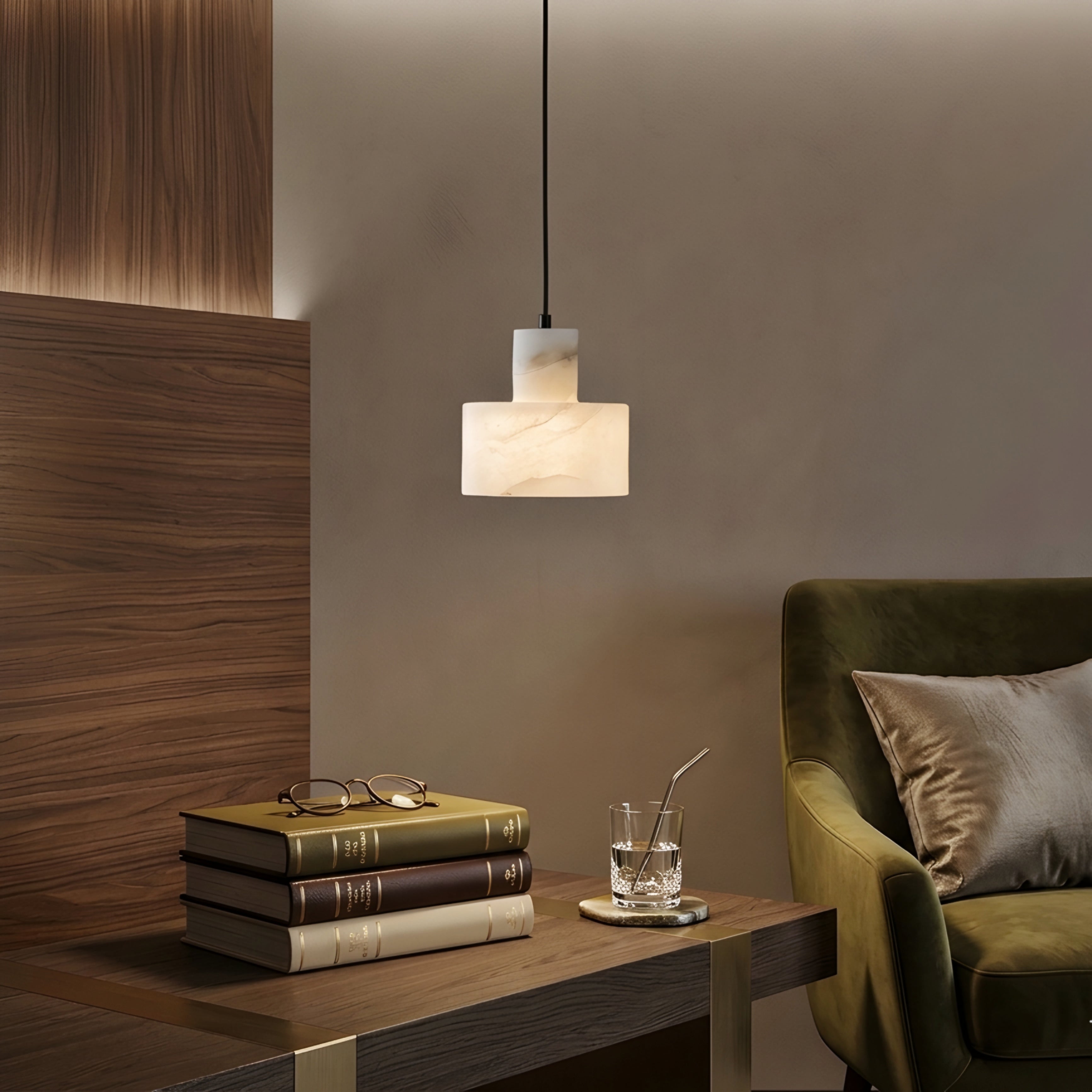 Strato Alabaster Pendant Light – LED Drum Shade Hanging Ceiling Kitchen Island Dining Room Decorative Lighting