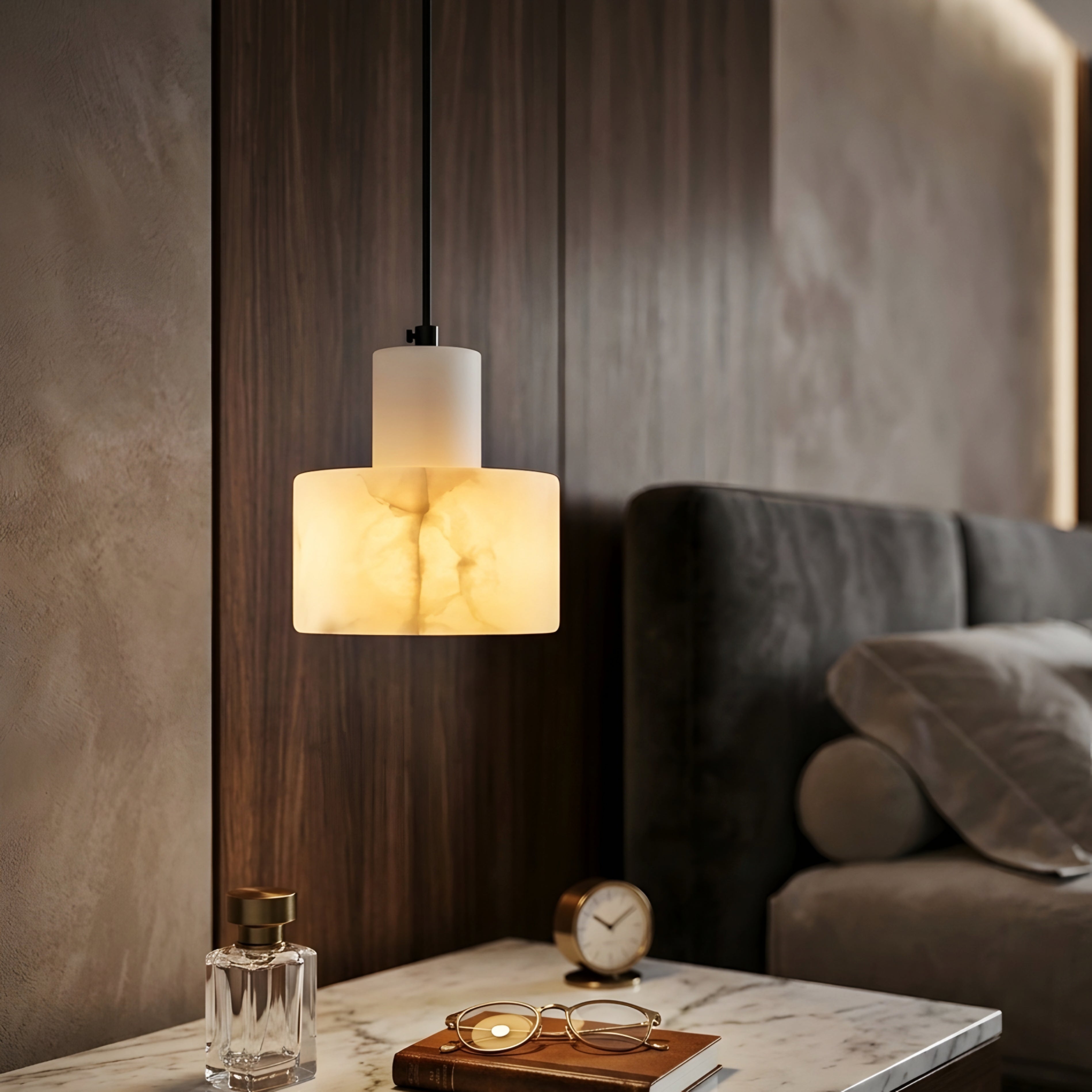 Strato Alabaster Pendant Light – LED Drum Shade Hanging Ceiling Kitchen Island Dining Room Decorative Lighting